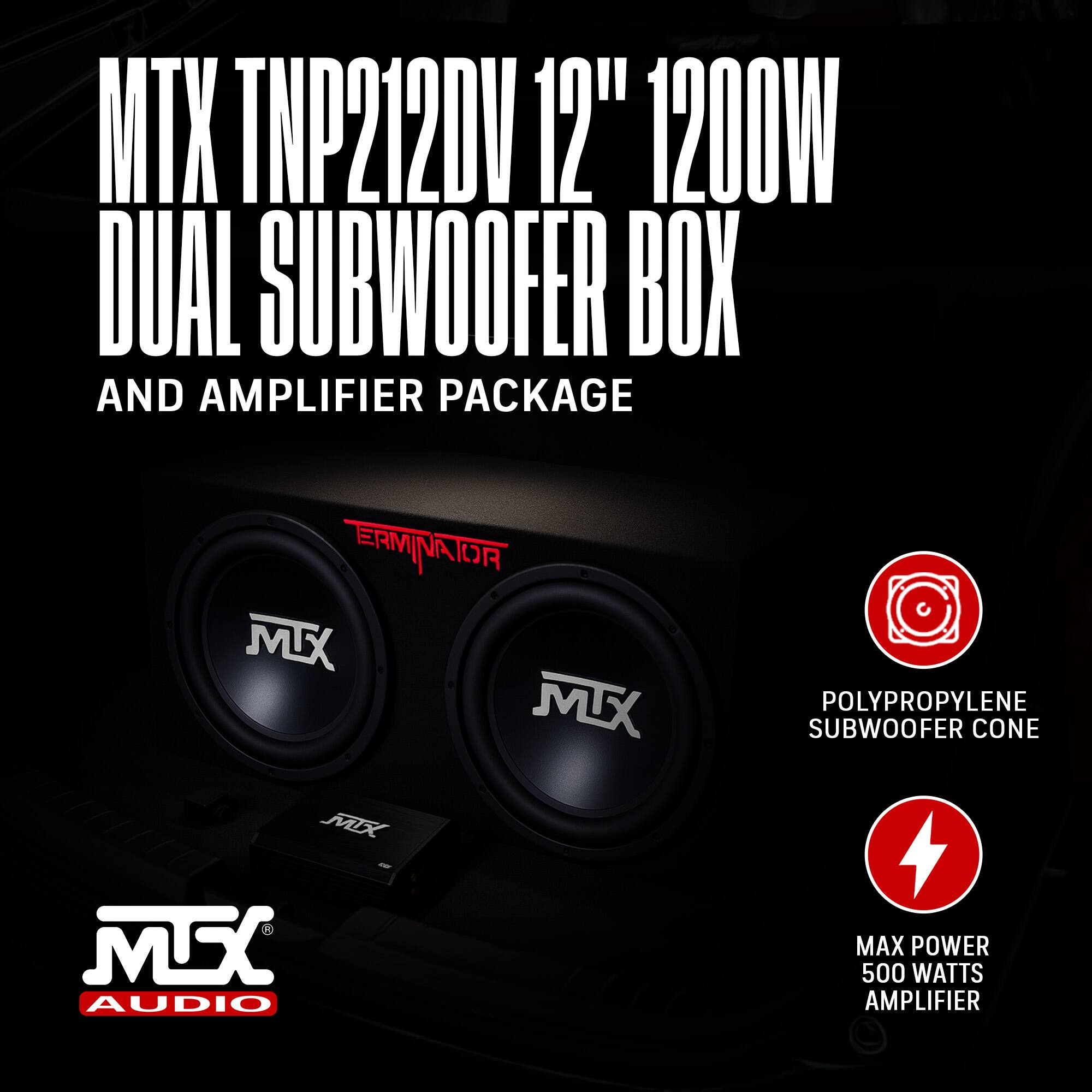 MTX TNP212DV 12" 1200W DUAL SUBWOOFER BOX AND AMPLIFIER PACKAGE

- POLYPROPYLENE SUBWOOFER CONE
- MAX POWER 500 WATTS AMPLIFIER