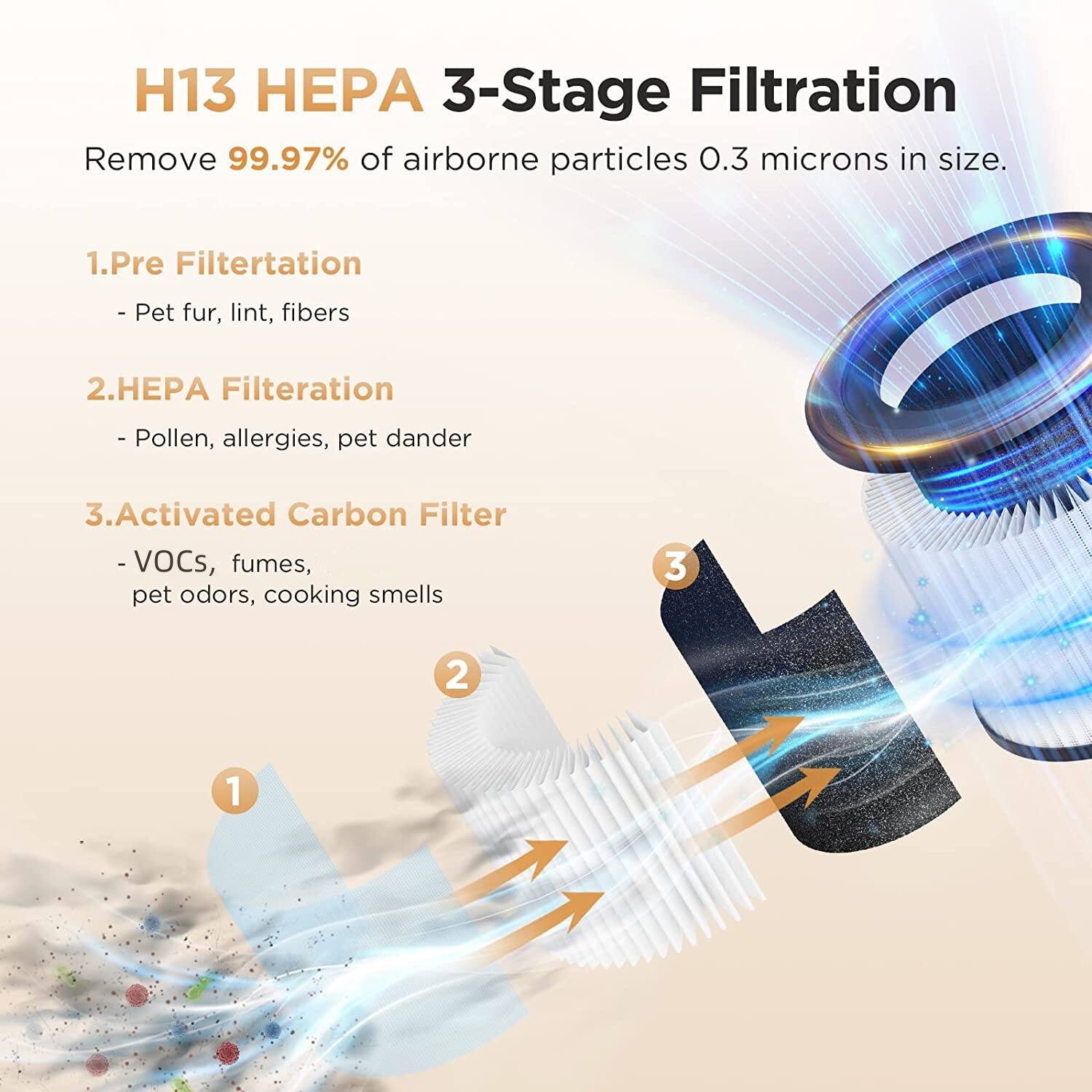 H13 HEPA 3-Stage Filtration  
Remove 99.97% of airborne particles 0.3 microns in size.

1. Pre Filtration  
   - Pet fur, lint, fibers

2. HEPA Filtration  
   - Pollen, allergies, pet dander

3. Activated Carbon Filter  
   - VOCs, fumes, pet odors, cooking smells