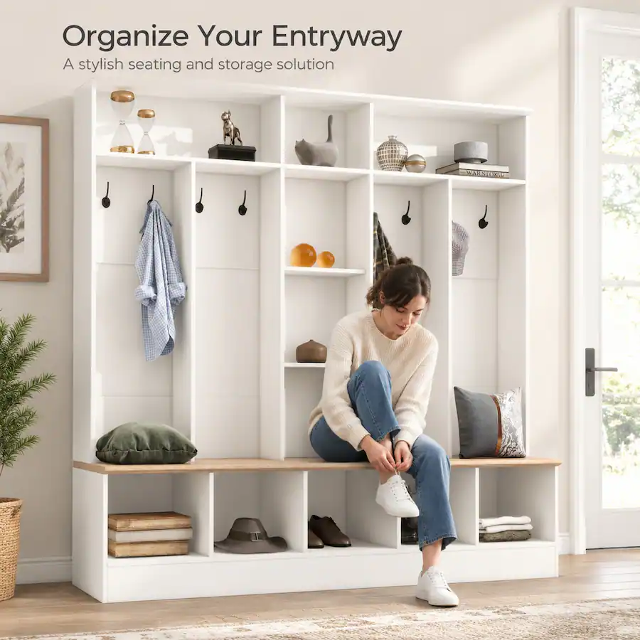Bench Gook RYHNUYNE ON TREND Wide Hall Tree, Entryway Storage Bench, 5 Cube ...