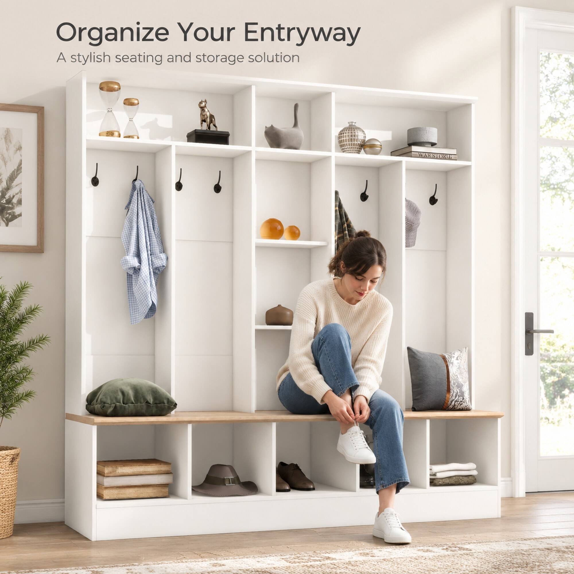 RYHNUYNE ON TREND Wide Hall Tree, Entryway Storage Bench, 5 Cube ...