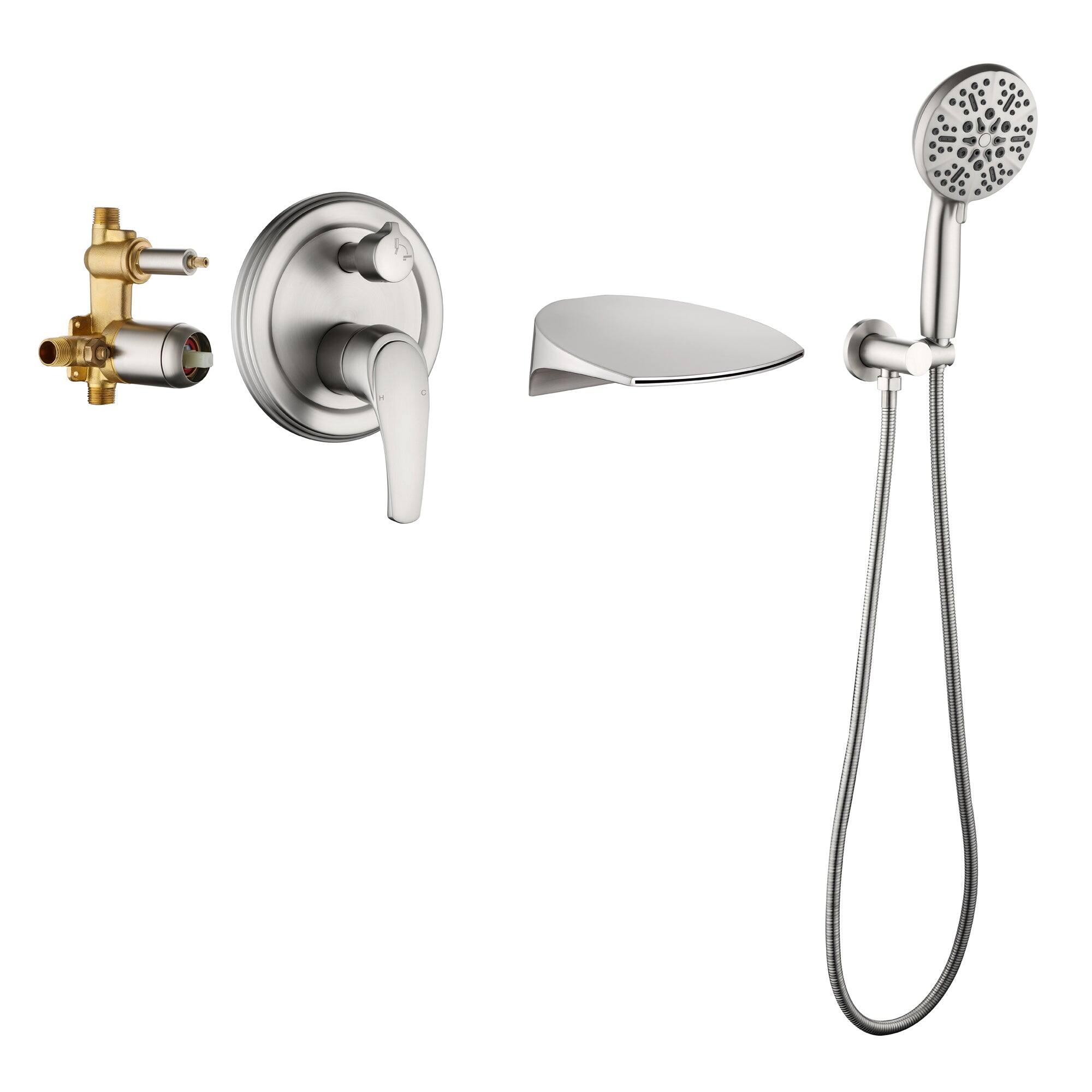 Left. Boyel Living - Wall Mount Single Handle 7 Spray Tub and Shower Faucet with Handheld Shower in Brushed Nickel Valve Included - Brushed Nickel.