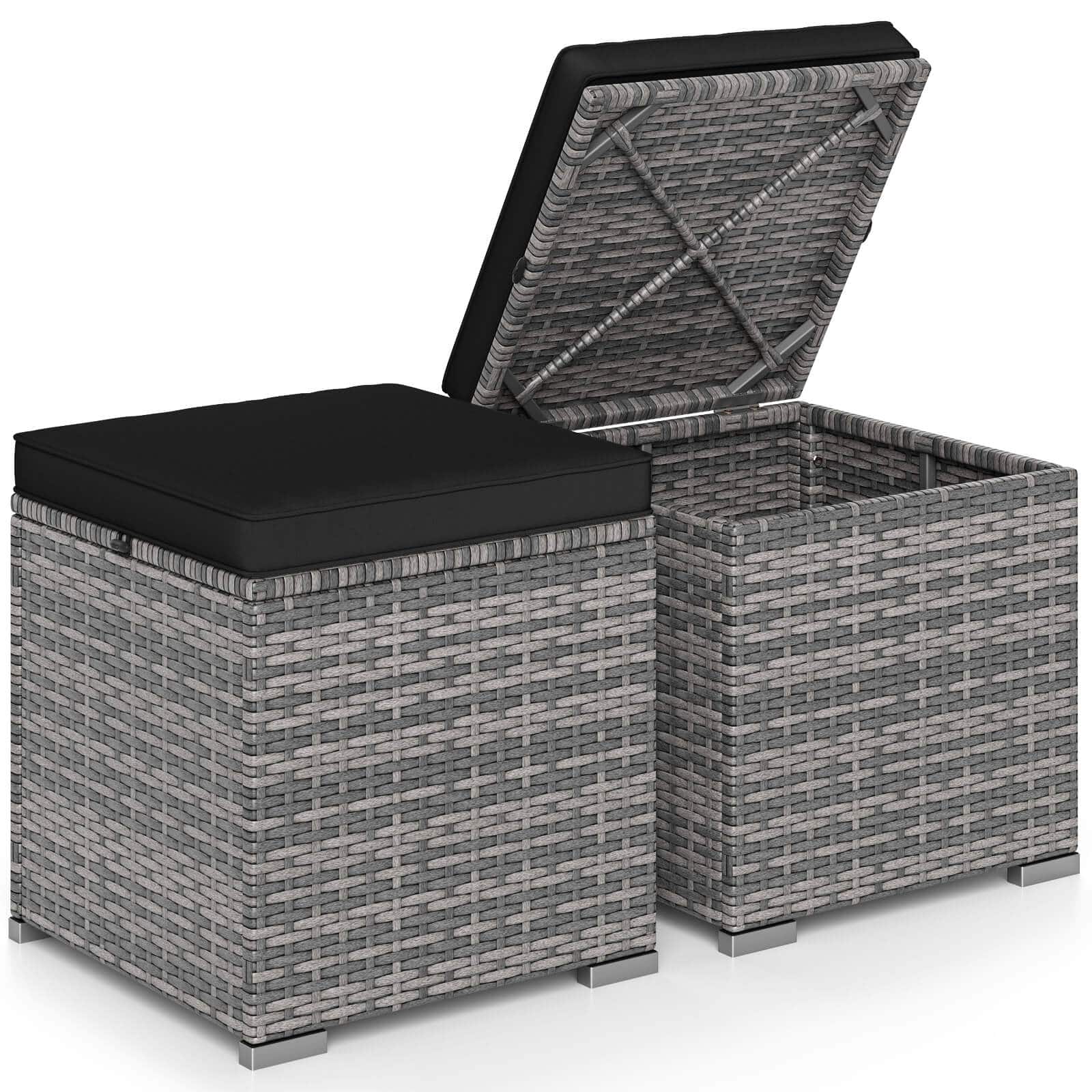 Costway - 2PCS Patio Rattan Ottomans Seat Side Table Storage Box Footstool with Cushion - Black+Gray