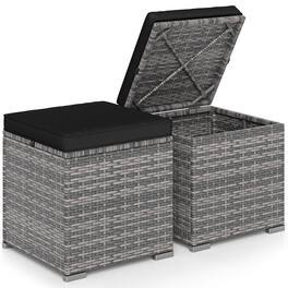 Costway - 2PCS Patio Rattan Ottomans Seat Side Table Storage Box Footstool with Cushion - Black+Gray