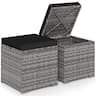 Costway - 2PCS Patio Rattan Ottomans Seat Side Table Storage Box Footstool with Cushion - Black+Gray