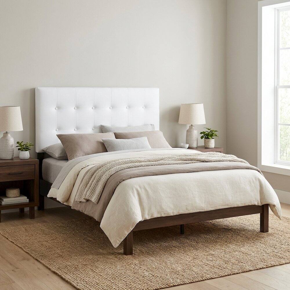 Left. FurniFact - Upholstered Vinyl Twin Headboard with Durable Finish and Sleek Design - White.