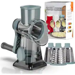 PARKER SLATER - Rotary Cheese Grater with 3 Interchangeable Blades, Manual Vegetable Slicer, Nut Grinder, Non-Slip Suction Base - Clear