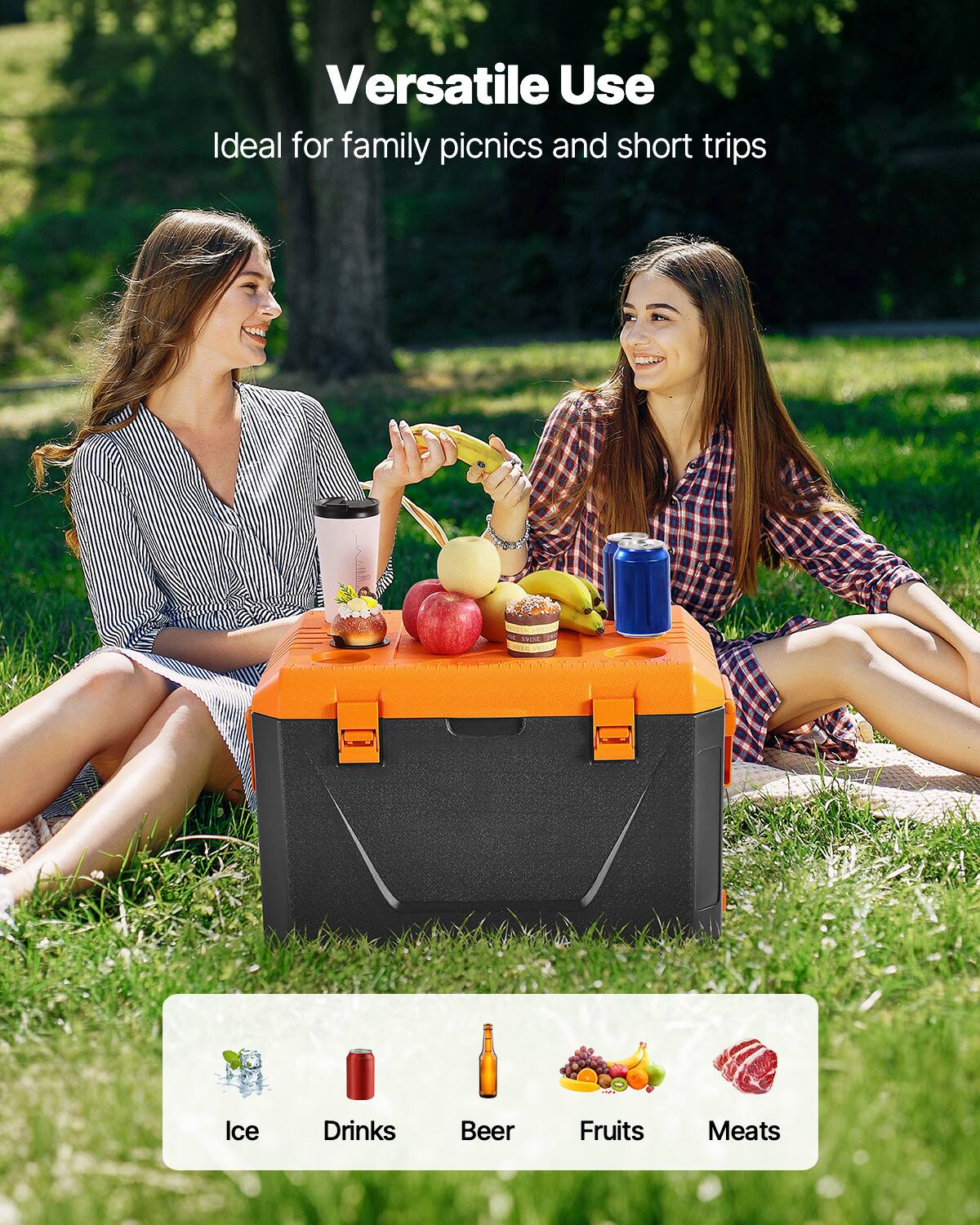 Versatile Use  
Ideal for family picnics and short trips  

Ice  
Drinks  
Beer  
Fruits  
Meats