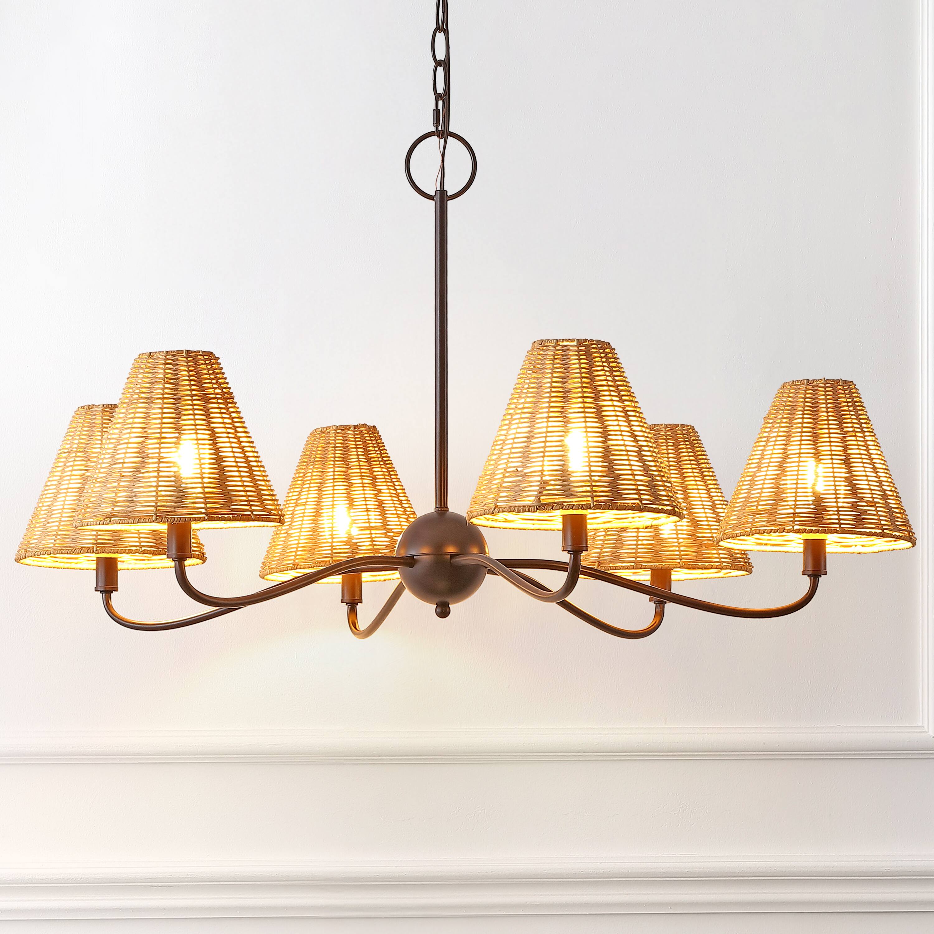Alt View 1. Jonathan Y - Grady 35" 6-Light Adjustable Swooping Arm Metal with Hand-Woven Rattan Shades LED Chandelier, Black/Brown - Oil Rubbed Bronze.