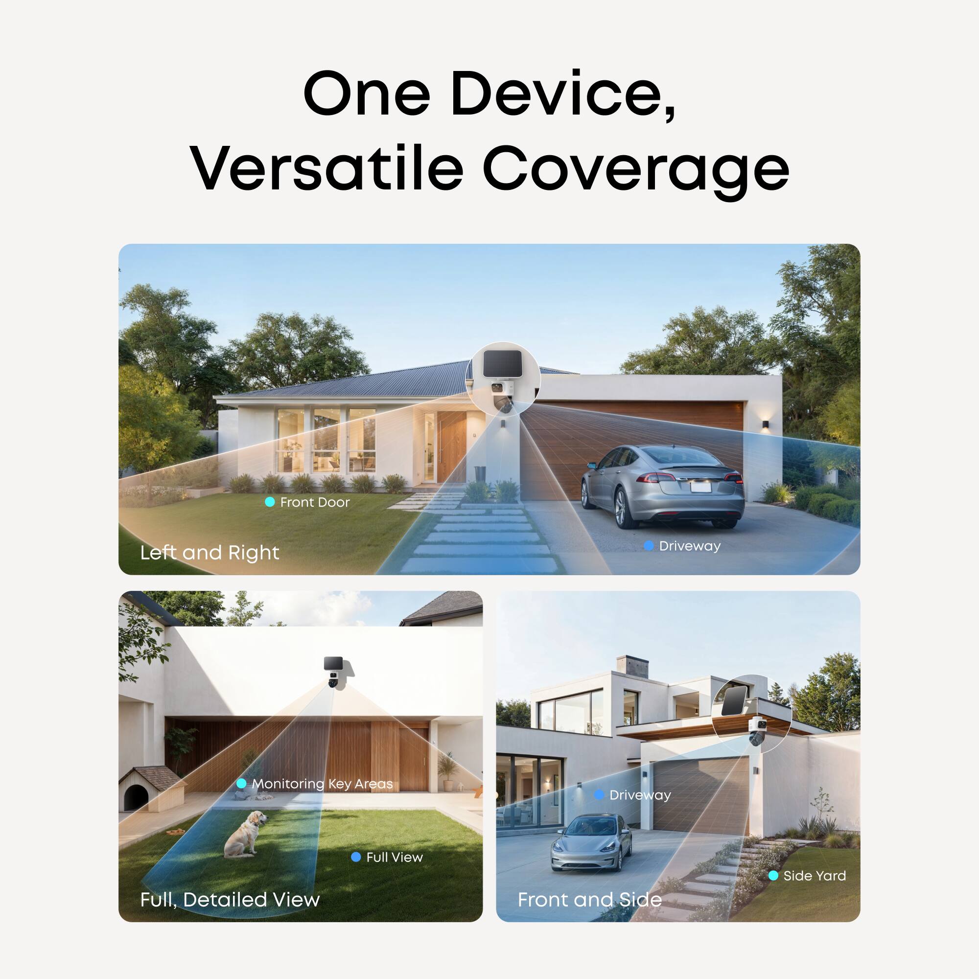 One Device, Versatile Coverage

- Front Door
- Left and Right
- Driveway

- Monitoring Key Areas
- Full View
- Full, Detailed View

- Driveway
- Front and Side
- Side Yard