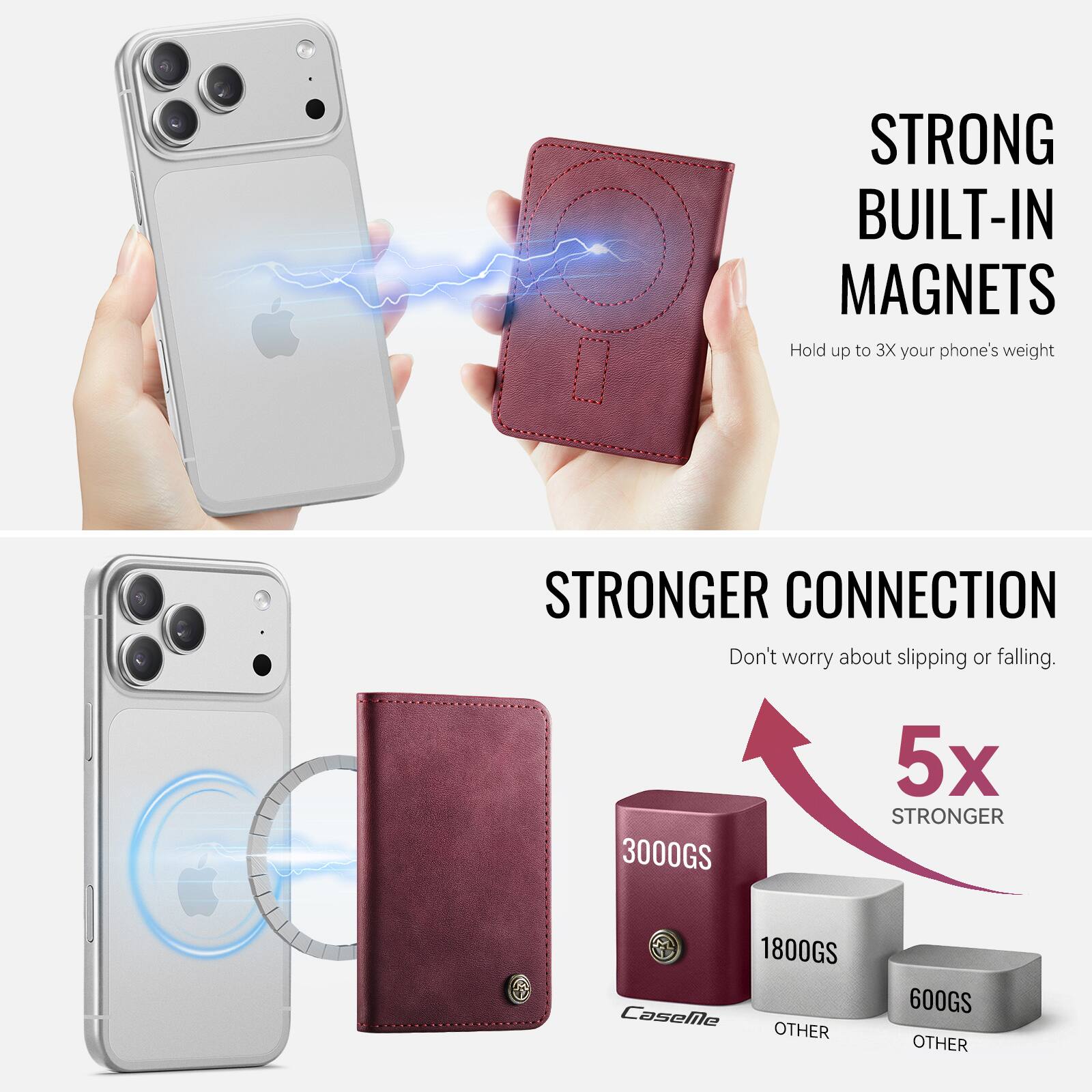 STRONG BUILT-IN MAGNETS  
Hold up to 3X your phone's weight  

STRONGER CONNECTION  
Don't worry about slipping or falling.  

3000GS  
5x STRONGER  
1800GS  
OTHER  
600GS  
OTHER