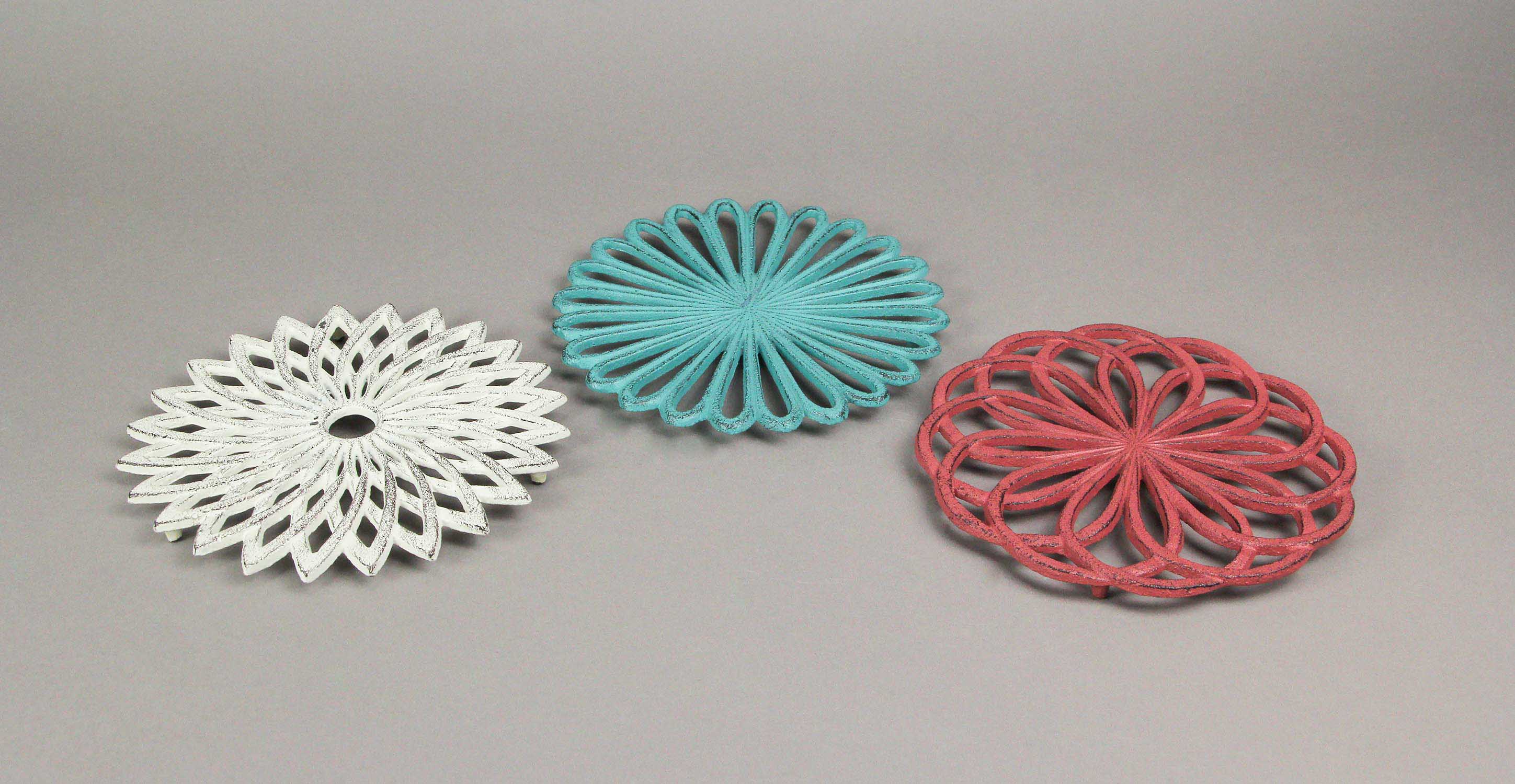 Alt View 1. Zeckos - Set of 3 Cast Iron Floral Bloom Kitchen Trivets Decorative Wall Hangings - Multicolored.