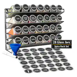 Tooloton - Spice Rack Organizer Set with 28 Glass Jars, Countertop Seasoning Rack with Labels, Marker & Funnel, 28 Jars included