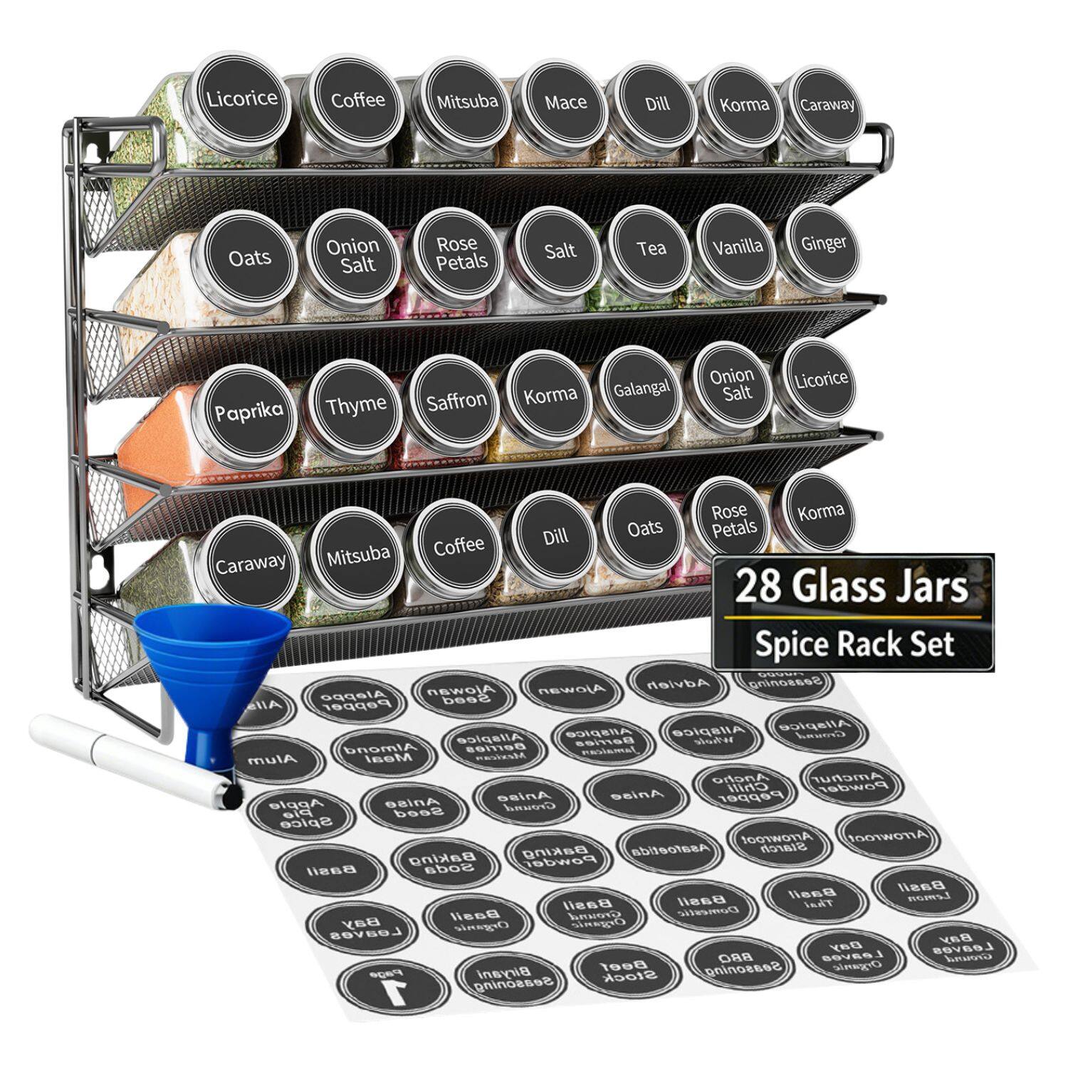 Tooloton - Spice Rack Organizer Set with 28 Glass Jars, Countertop Seasoning Rack with Labels, Marker & Funnel, 28 Jars included