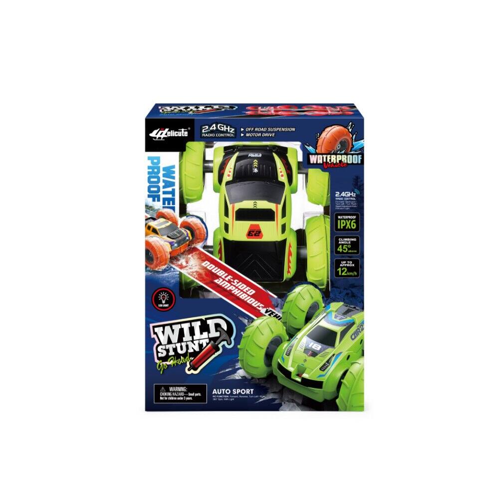 Here is the corrected and grouped text from the image:

**Front of the Box:**
- Delicute
- 2.4GHz Radio Control
- OFF ROAD SUSPENSION
- MOTOR DRIVE
- WATERPROOF VEHICLE
- IPX6
- CLIMBING 45°
- DOUBLE-SIDED AMPHIBIOUS VEHICLE
- WILD STUNT GoHerd
- AUTO SPORT

**Left Side of the Box:**
- WATERPROOF
- PROOF

**Right Side of the Box:**
- 2.4GHz
- WATERPROOF IPX6
- CLIMBING 45°
- UP TO 12m

**Bottom Left Corner:**
- WARNING: CHOKING HAZARD - Small parts. Not for children under 3 years.

**Bottom Right Corner:**
- AUTO SPORT