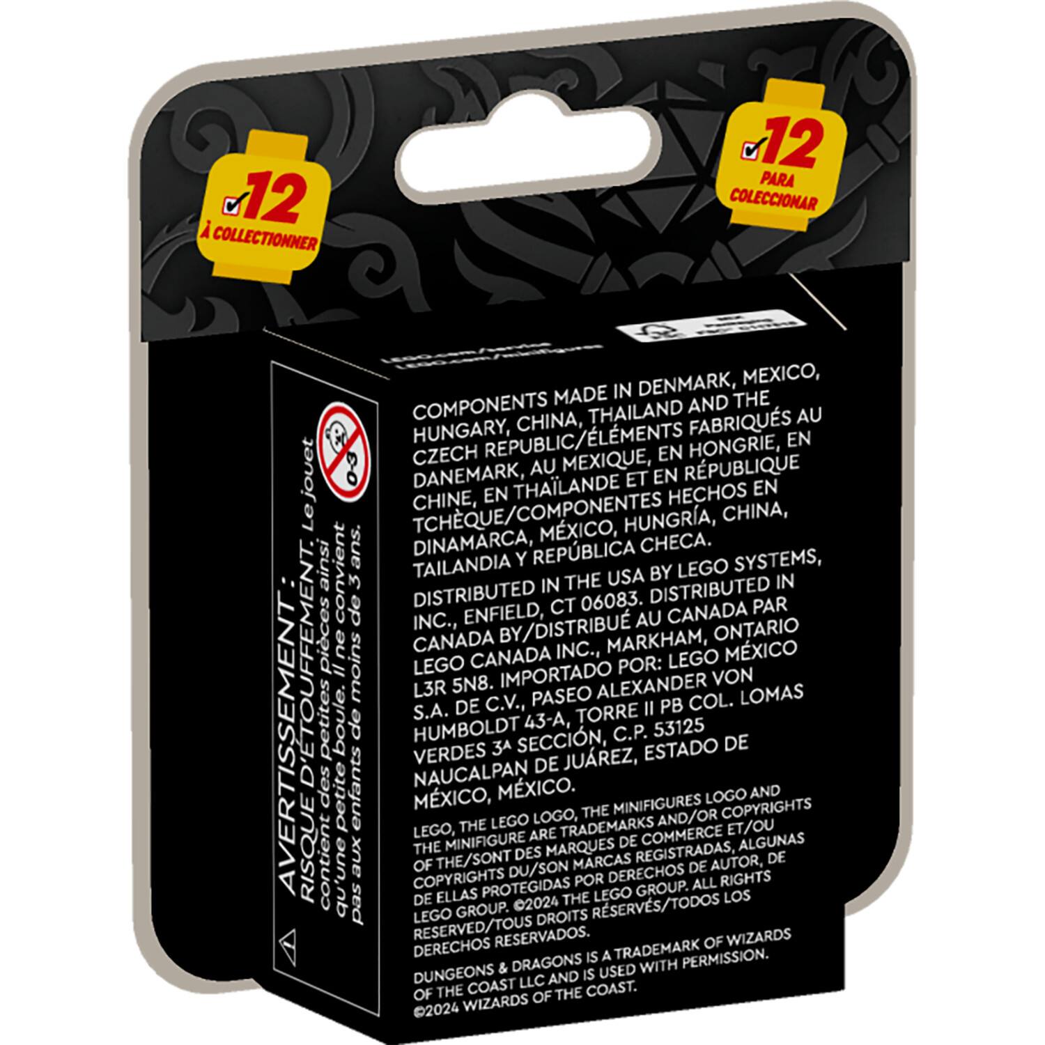 The text on the image is in Spanish, so I cannot provide a corrected version in English. However, I can provide a brief summary of the text:

The image shows a box of a Lego product, which is a toy for children. The box contains a collection of Lego pieces, and it is distributed in Denmark, Mexico, and other countries. The components are made in Thailand and China, and the product is distributed in the United States. The box also contains a warning to parents, advising them to be cautious when using the product with young children.