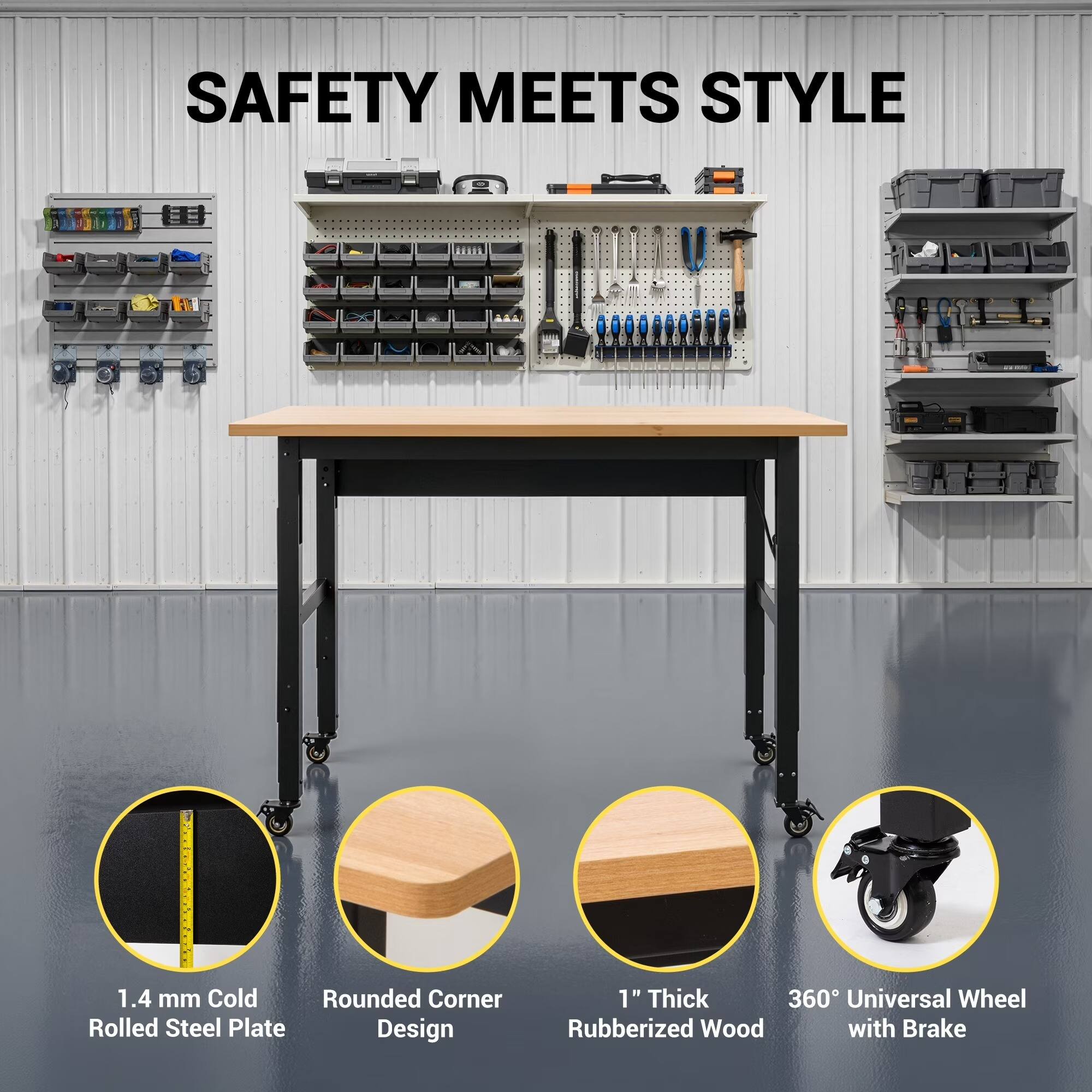 SAFETY MEETS STYLE

1.4 mm Cold Rolled Steel Plate Design

1" Thick Rubberized Wood

360° Universal Wheel with Brake