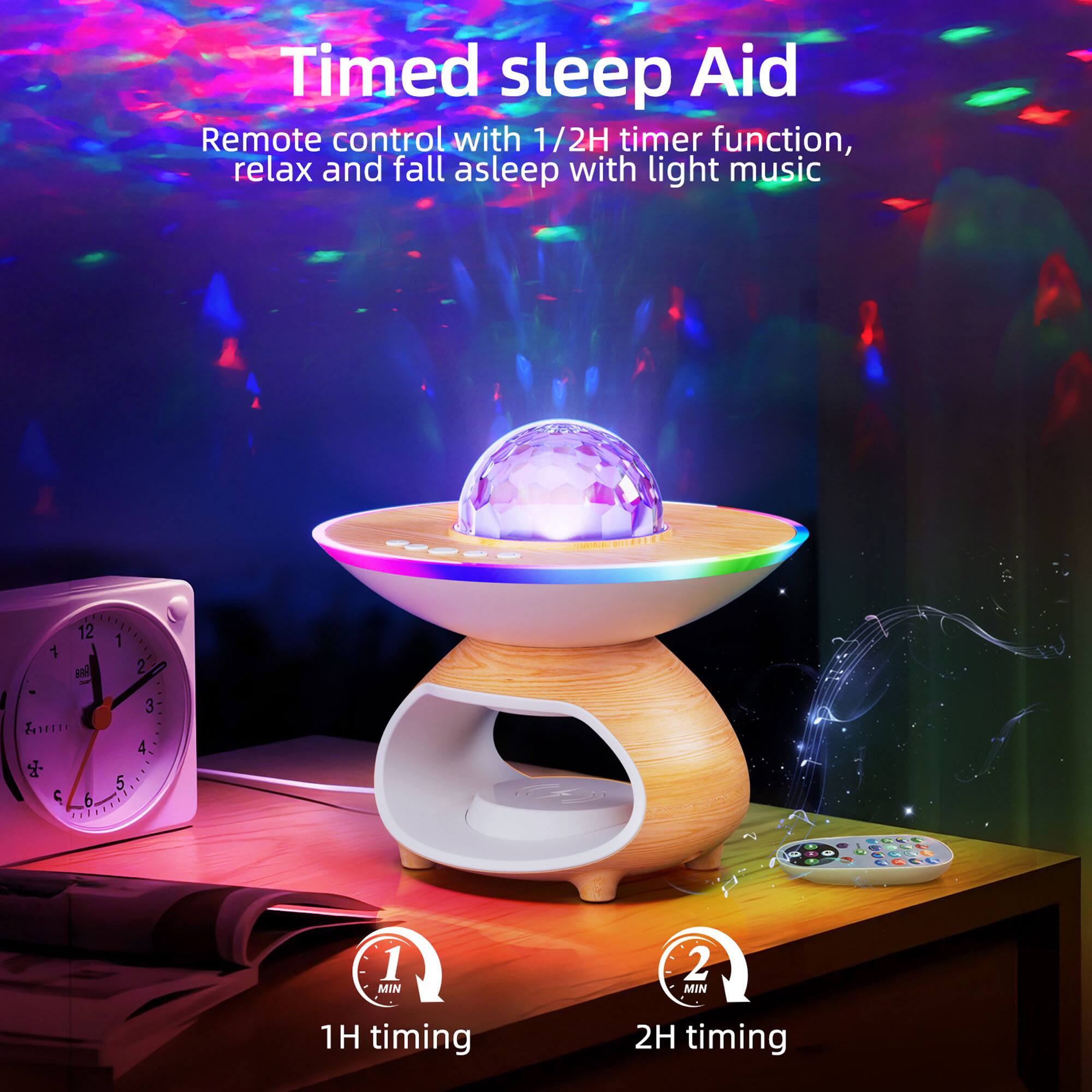 Timed sleep Aid  
Remote control with 1/2H timer function, relax and fall asleep with light music  

1 MIN  
2 MIN  
1H timing  
2H timing