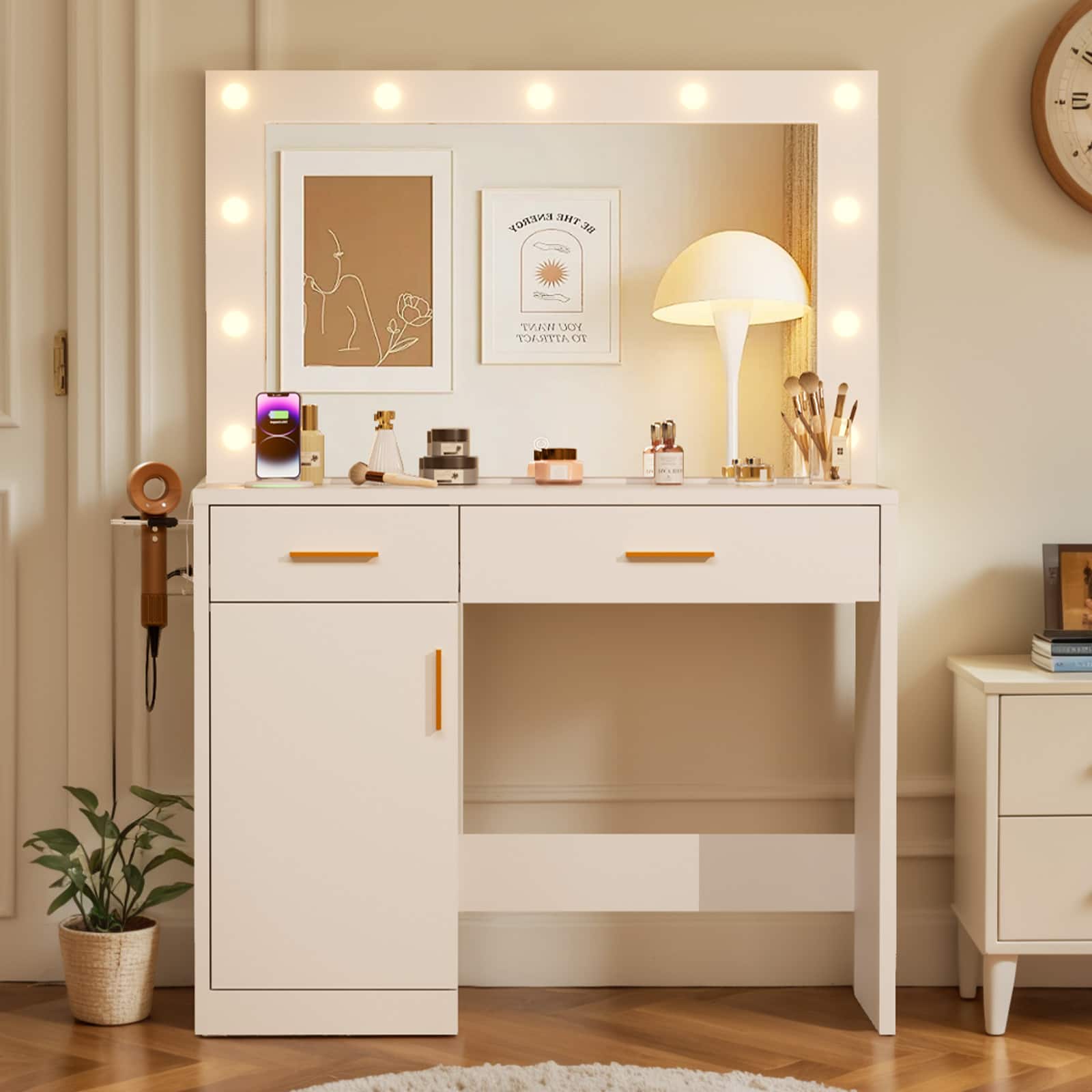 Anysun - Makeup Vanity Table with Mirror & bulbs - Charging Station, 2 Drawers, Large Cabinet, 3 Adjustable Light Colors