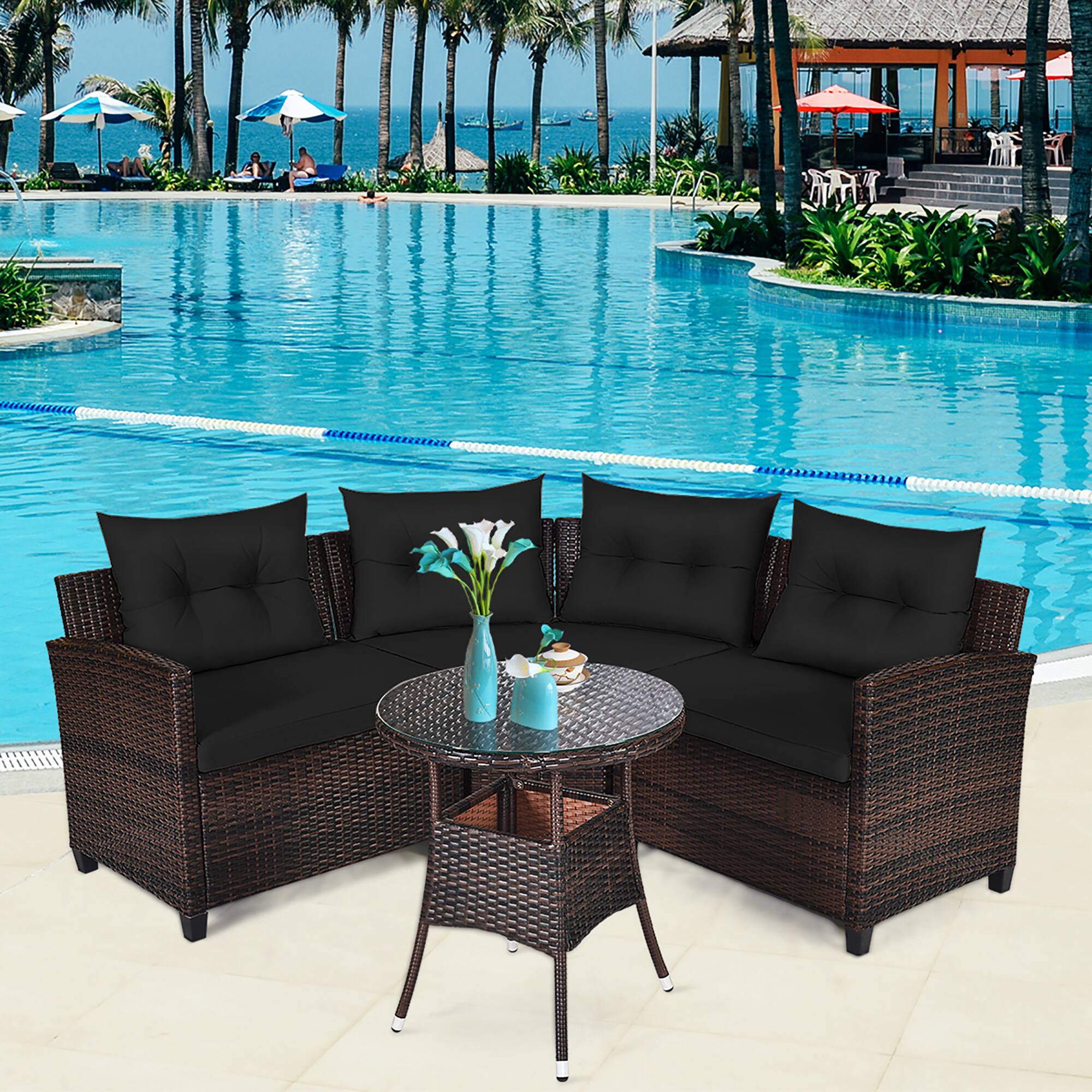 Alt View 3. Costway - 4PCS Outdoor Patio Rattan Furniture Set Cushioned Sofa Table - Dark Brown/Black.