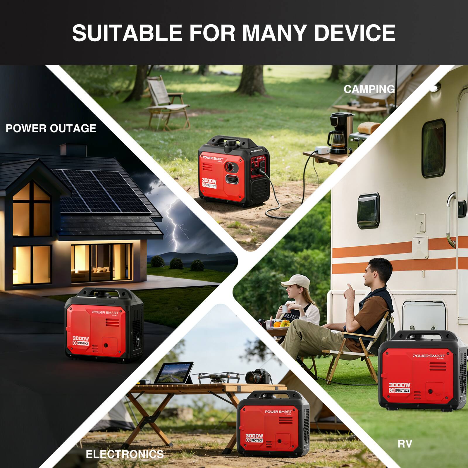 SUITABLE FOR MANY DEVICE

POWER OUTAGE

CAMPING

ELECTRONICS

RV