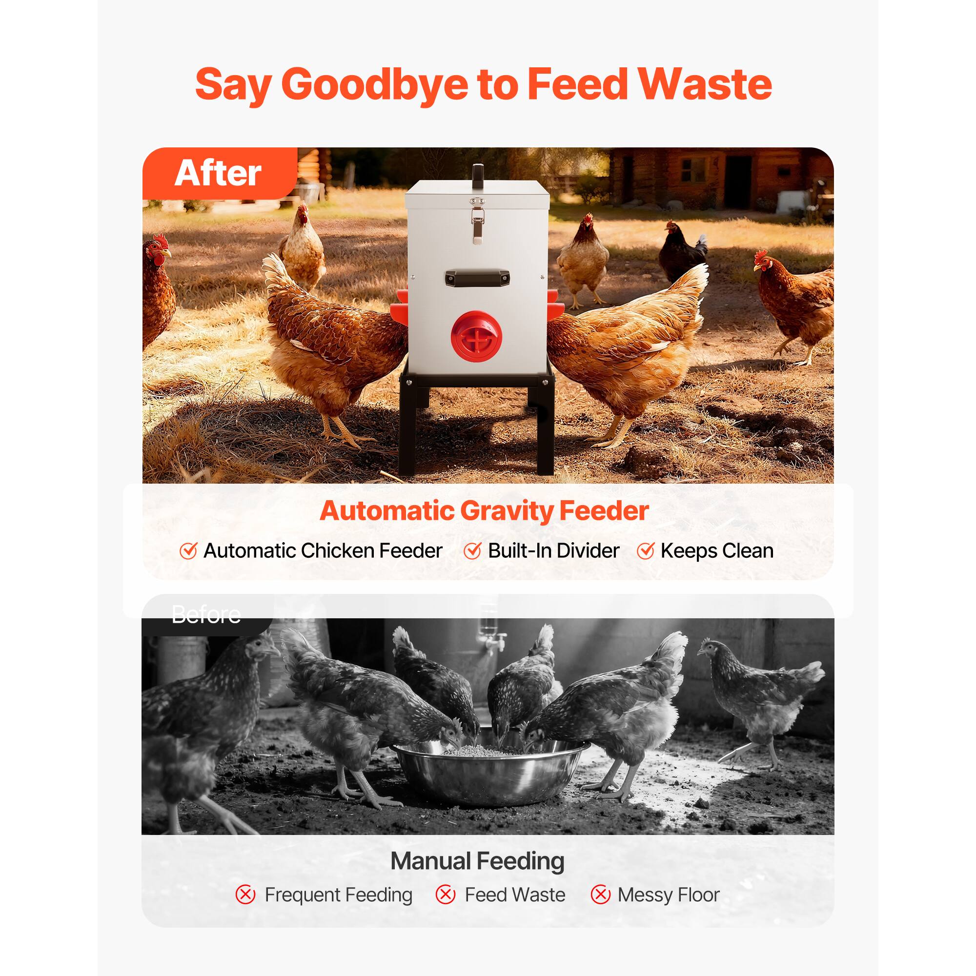Say Goodbye to Feed Waste

After

Automatic Gravity Feeder
- Automatic Chicken Feeder
- Built-In Divider
- Keeps Clean

Before

Manual Feeding
- Frequent Feeding
- Feed Waste
- Messy Floor