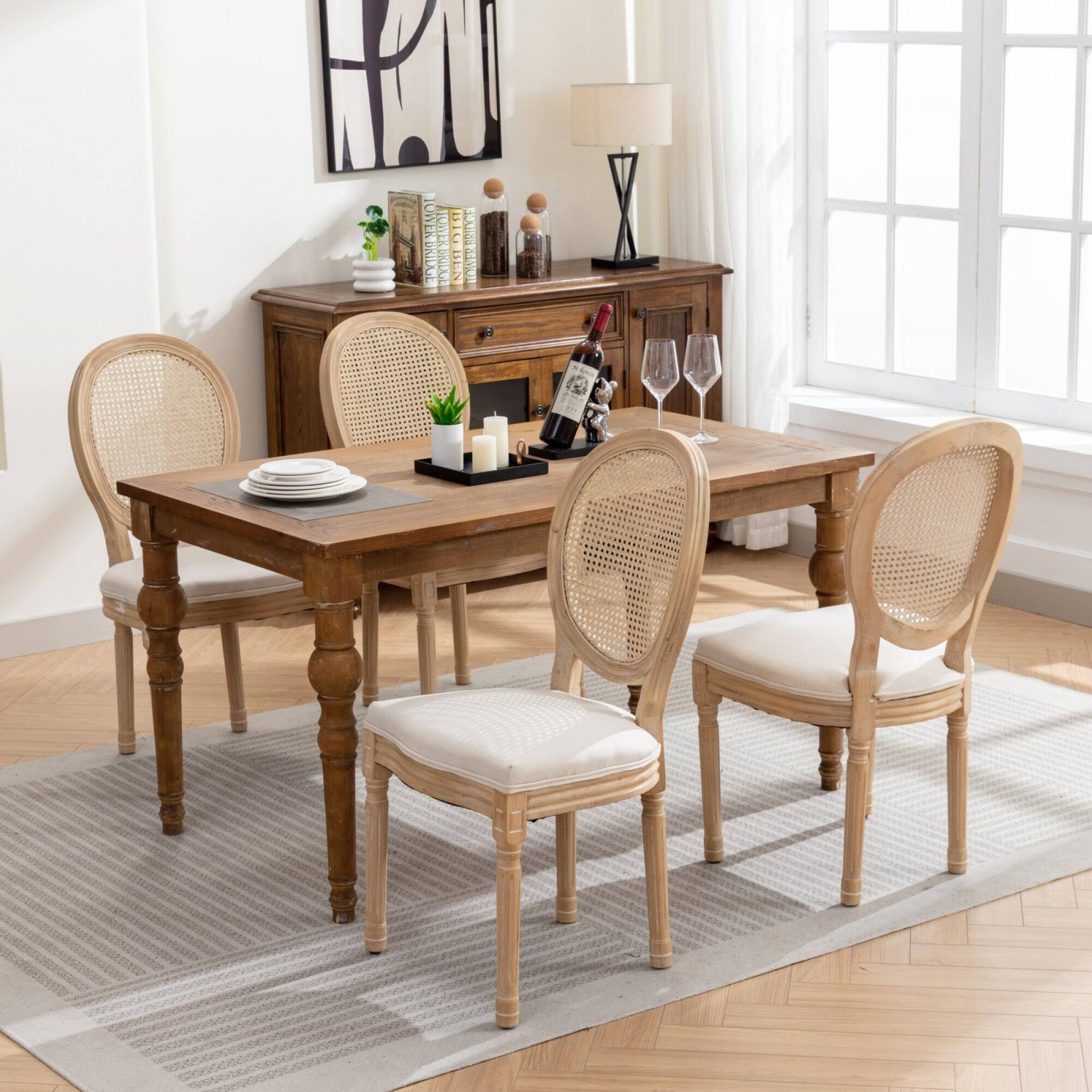 Alt View 10. GOODSILO - French Style Solid Wood Dining Chairs with Linen Upholstery and Rattan Backrest, Set of 2 - Beige.