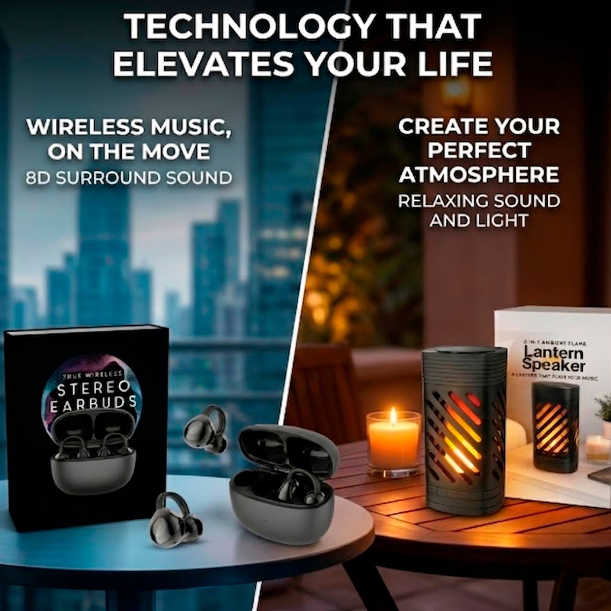 TECHNOLOGY THAT ELEVATES YOUR LIFE

WIRELESS MUSIC, ON THE MOVE
8D SURROUND SOUND

CREATE YOUR PERFECT ATMOSPHERE
RELAXING SOUND AND LIGHT

TRUE WIRELESS STEREO EARBUDS

Lantern Speaker