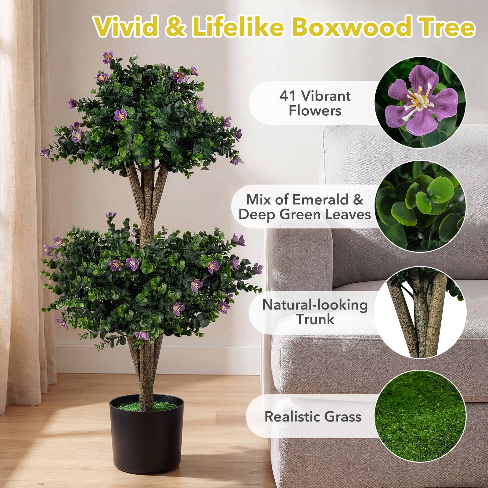 Vivid & Lifelike Boxwood Tree

- 41 Vibrant Flowers
- Mix of Emerald & Deep Green Leaves
- Natural-looking Trunk
- Realistic Grass