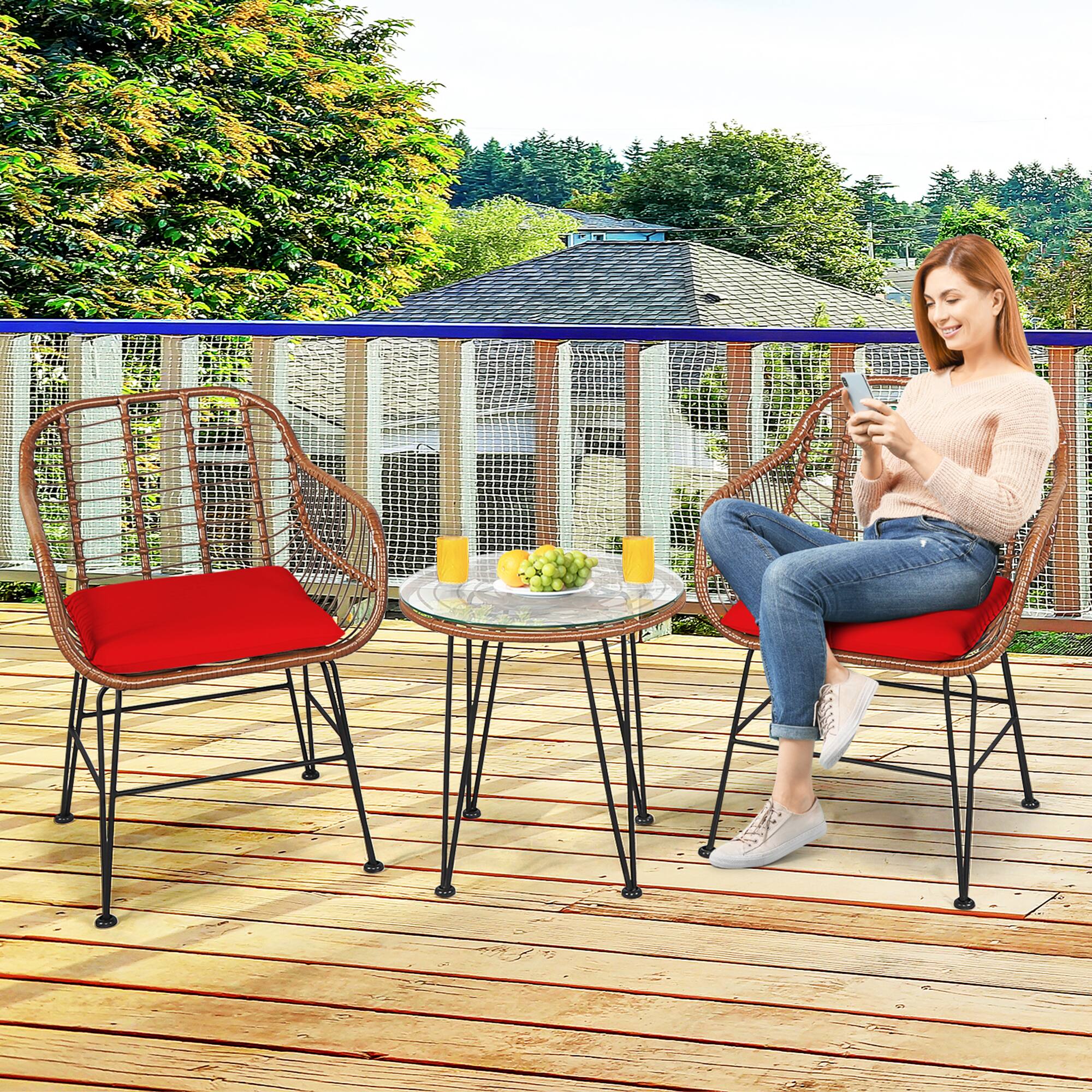 Alt View 2. Gymax - Gymax 3PCS Rattan Patio Conversation Set Bistro Chat Set w/ Red Cushions - Red.