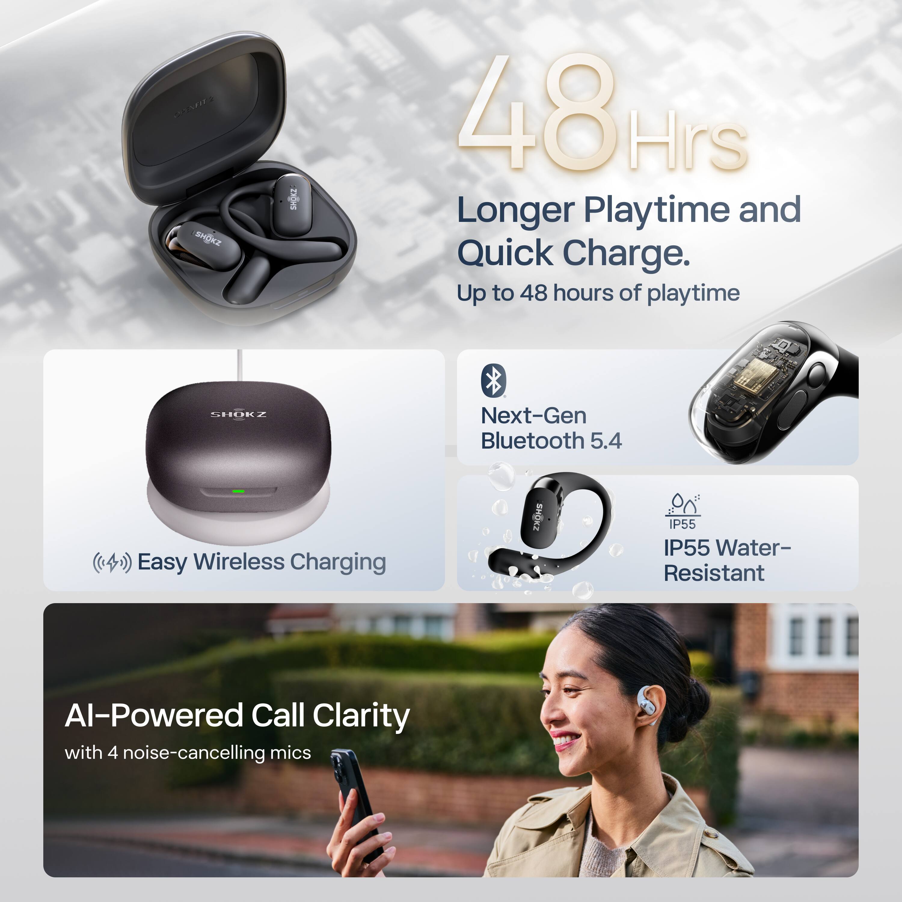 - 48 Hrs Longer Playtime and Quick Charge. Up to 48 hours of playtime
- Next-Gen Bluetooth 5.4
- Easy Wireless Charging
- IP55 Water-Resistant
- AI-Powered Call Clarity with 4 noise-cancelling mics