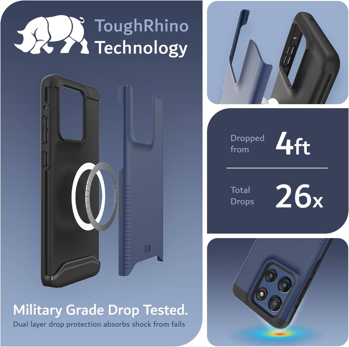 ToughRhino Technology

Dropped from 4ft  
Total Drops 26x

Military Grade Drop Tested.  
Dual layer drop protection absorbs shock from falls
