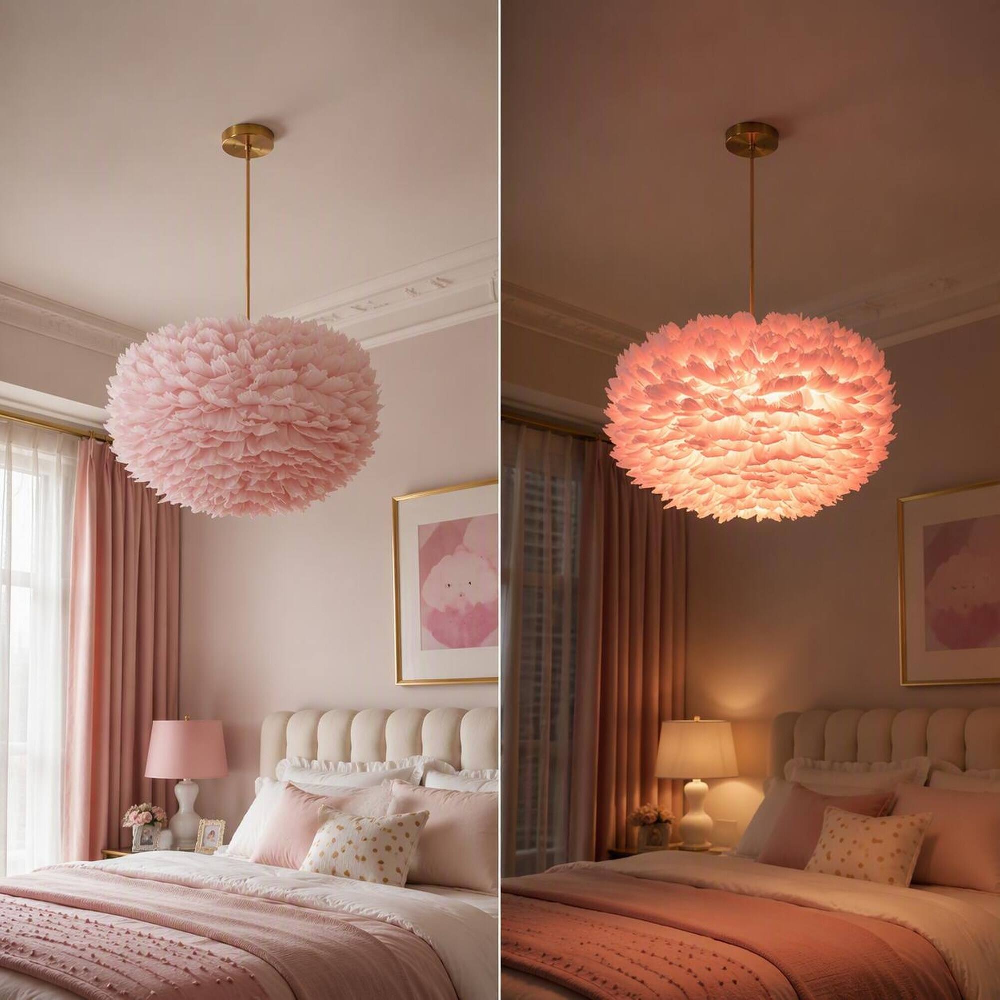 Back. RYHNUYNE - 18In Pink 3-Light Feather Chandelier, Modern Fixture Real Goose Feathers Adjustable Hanging For Girls Bedroom - Pink.
