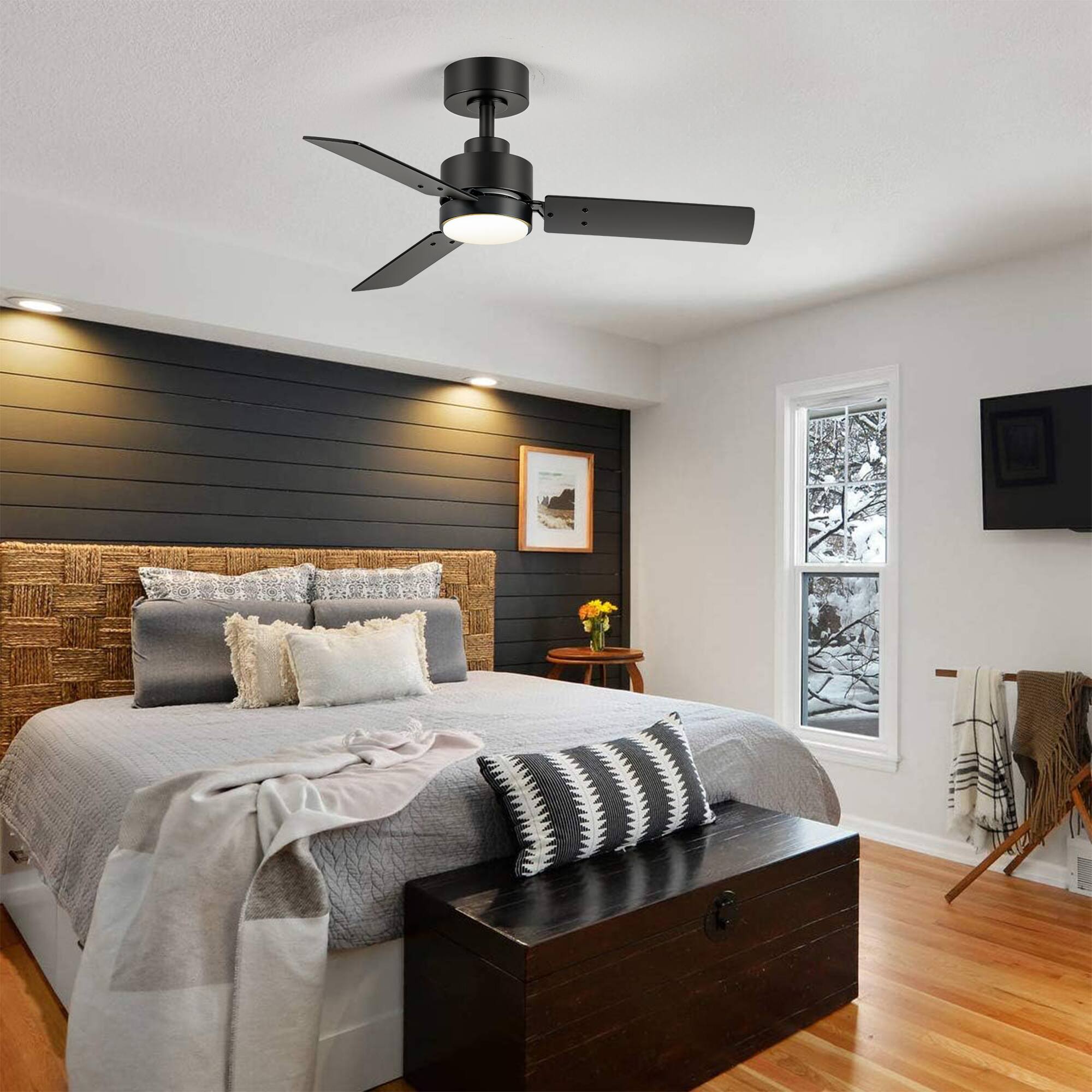 Alt View 2. Breezary - Breezary 36'' Ceiling Fan, 3-Color Light, 3 Dual-Finish Plywood Blades, DC Motor, 6-Speed Remote Control, 5-Inch Downrod - Matte Black and Dark Wood Grain + Light Wood Grain.