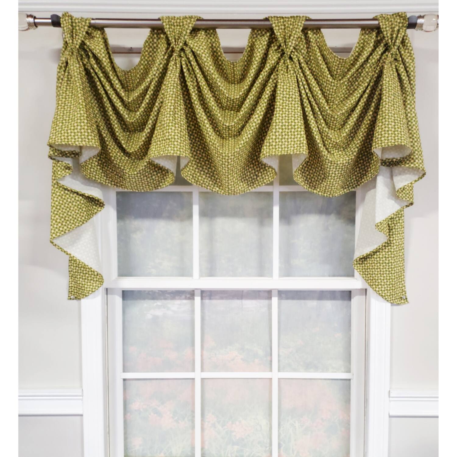 Angle. RLF Home - RLF Home 4" Top Tab High Quality Fabric Trellis 3-Scoop Victory Swag for Windows 54" x 25" Sage - Sage.