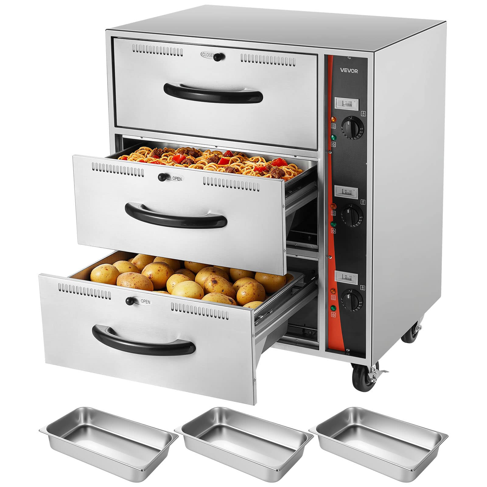 VEVOR - Commercial Electric Drawer Warmer,Three-Drawer Stainless Steel Food Warmer, Freestanding Standard Warming Drawer Cabinet - Silver