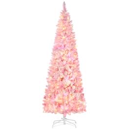 Homcom - Prelit Pencil Snow Flocked Artificial Tree, Pine Branches Warm White LEDs - Pink