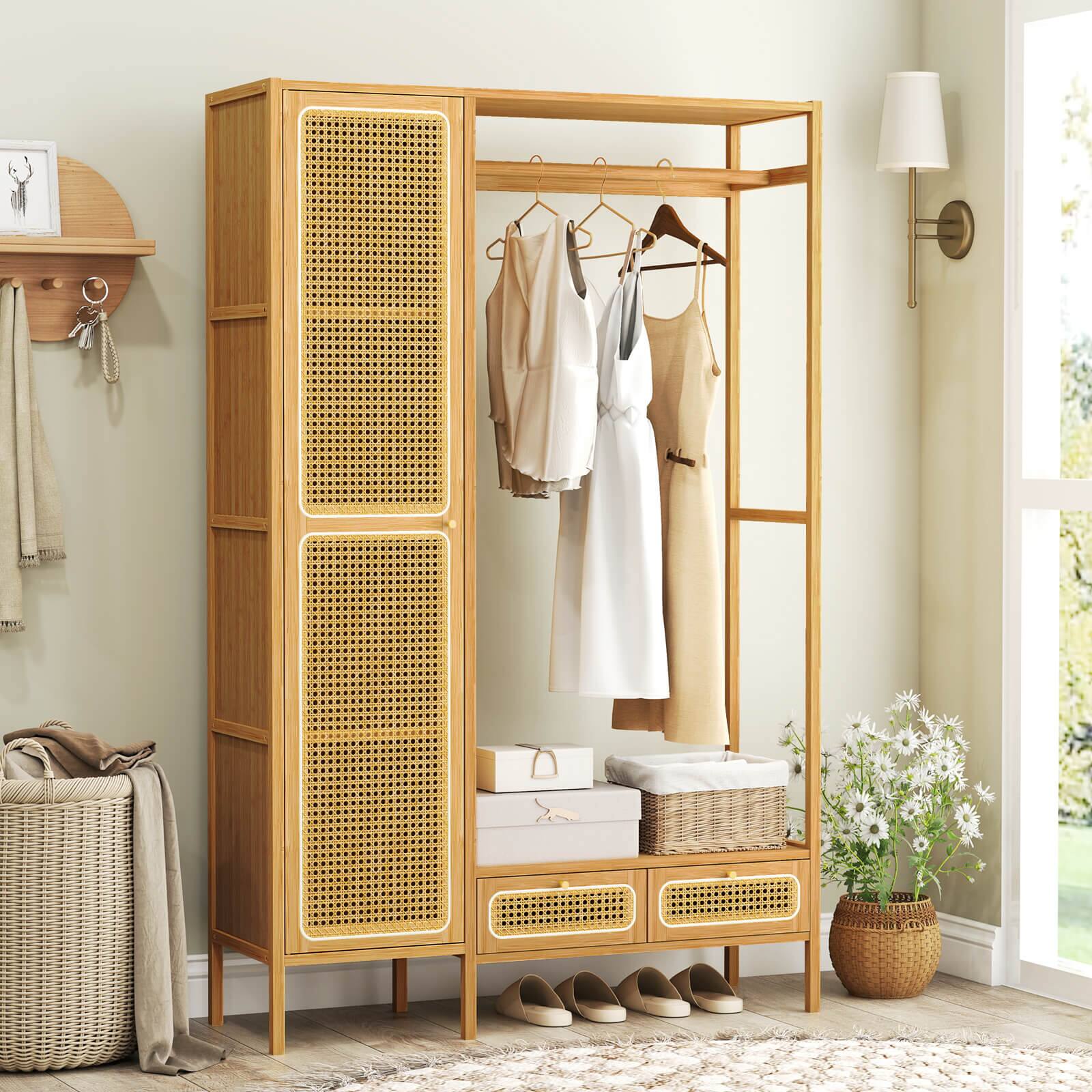 Alt View 1. Costway - Costway Bamboo Clothing Rack with Cabinet Hanging Rod Storage Shelf & Drawers for Foyer - Natural.