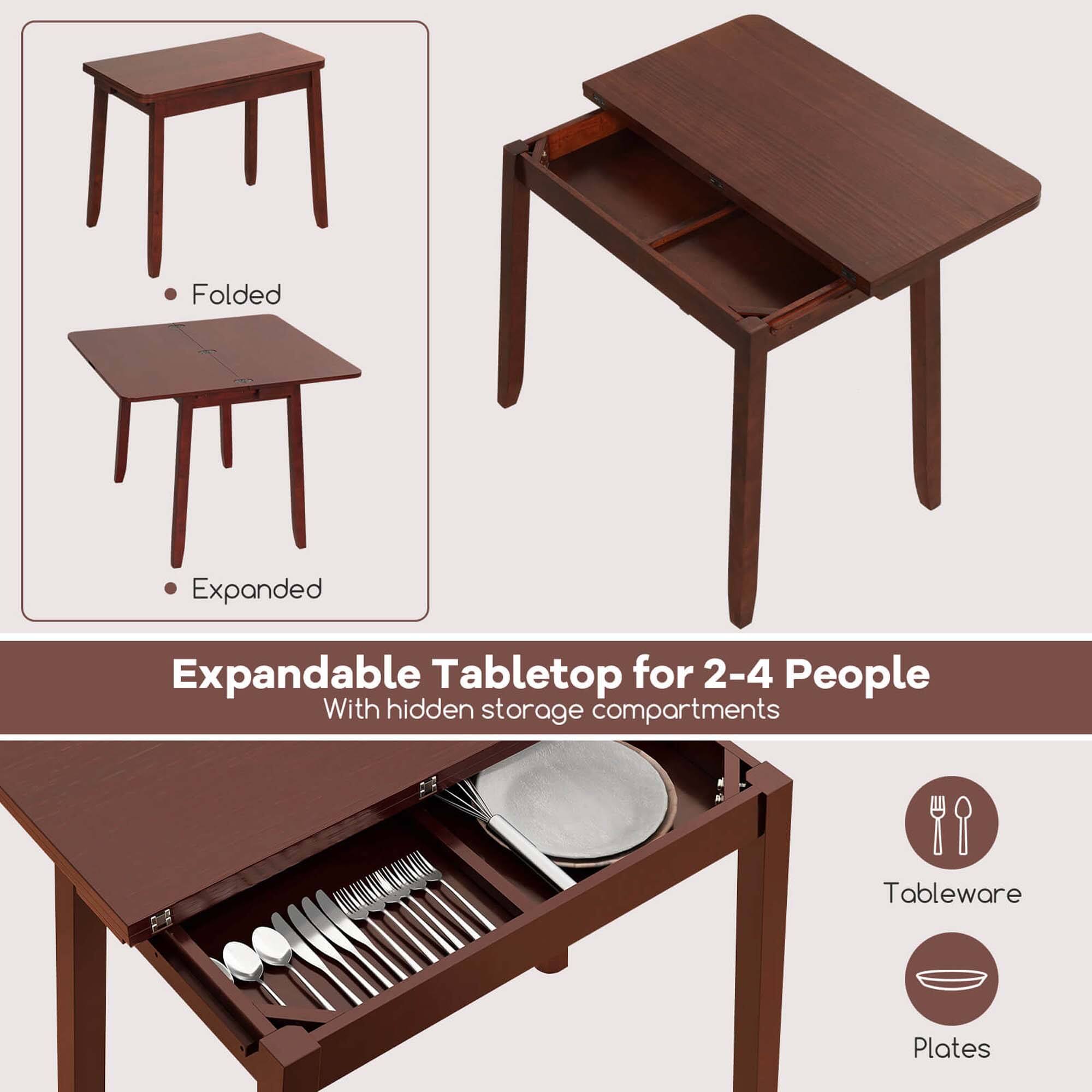 Folded  
Expanded  

Expandable Tabletop for 2-4 People  
With hidden storage compartments  

Tableware  
Plates