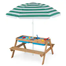 Costway - 3-in-1 Kids Picnic Table Wooden Outdoor Sand & Water Table with Umbrella Play Boxes - Green+White