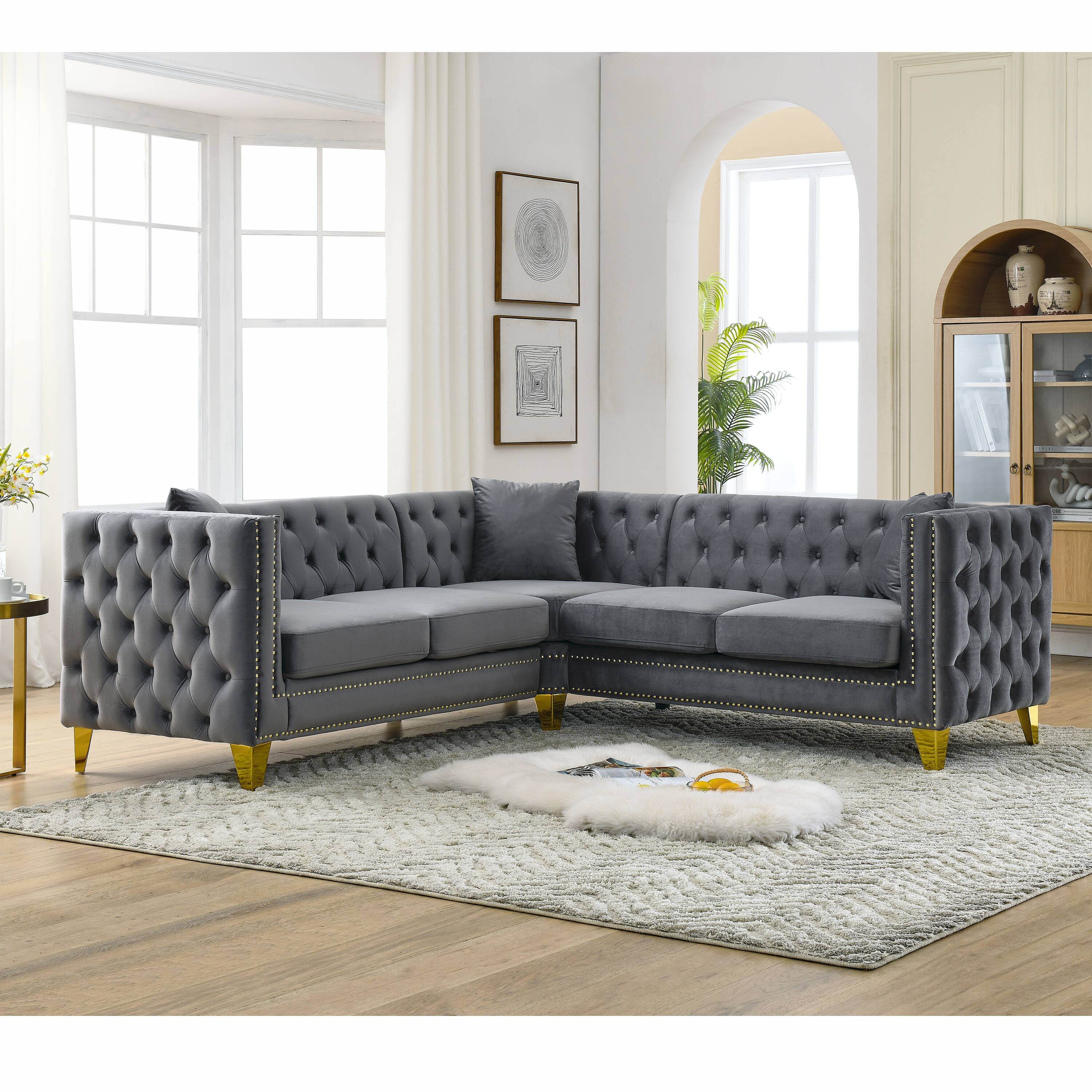 Left. Anysun - 82.2-Inch Velvet Corner Sofa – L-Shaped Sectional Couch, 5-Seater Corner Sofa with 3 Cushions for Apartment, Office - Grey.