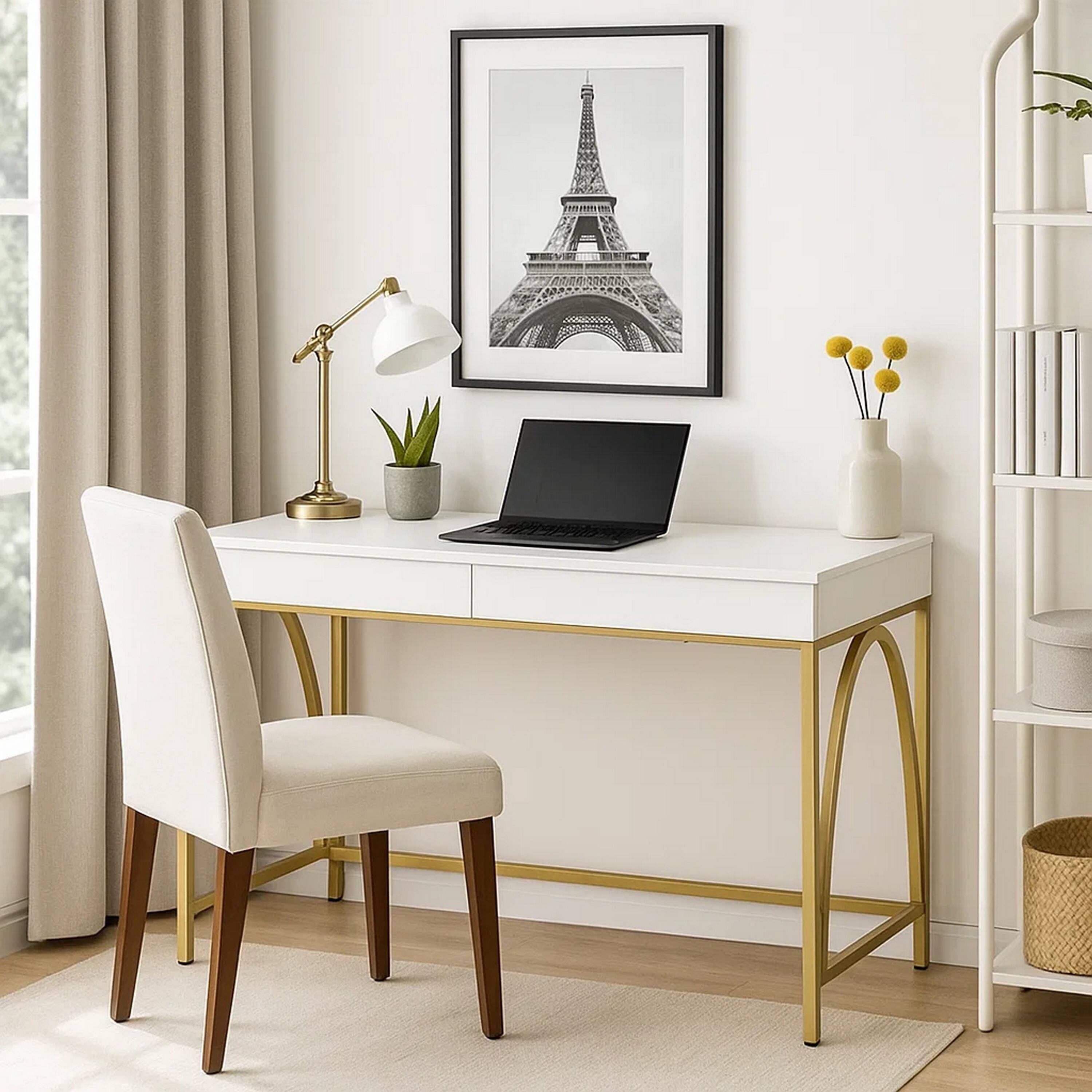 Alt View 2. Manhattan Lane - 50 Inch Desk Console Table, 2 Drawers, Metal Inverted U Frame, White, Gold - White and Gold.