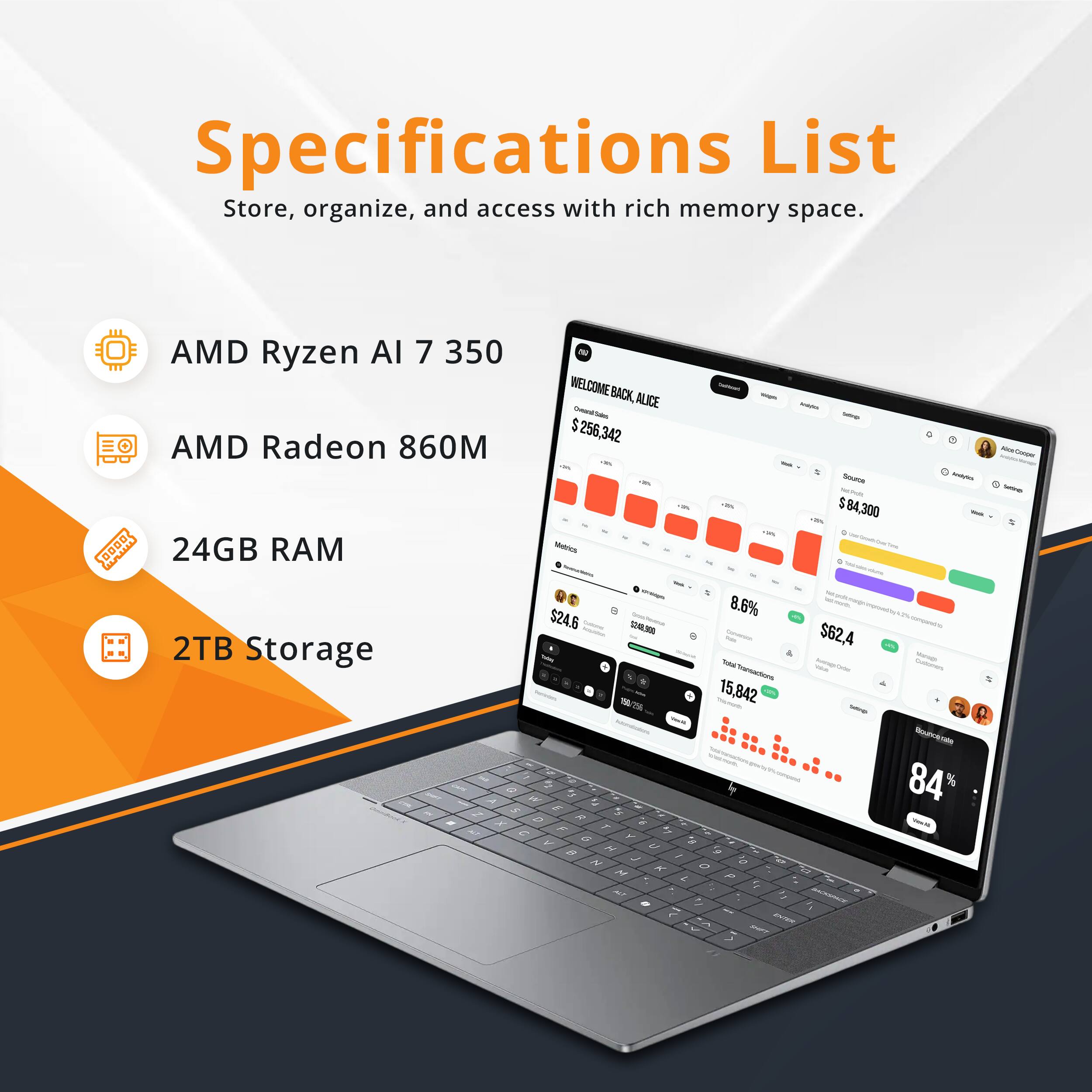 Specifications List  
Store, organize, and access with rich memory space.  

- AMD Ryzen AI 7 350  
- AMD Radeon 860M  
- 24GB RAM  
- 2TB Storage  

WELCOME BACK, ALICE  
$256,342  
ANCN  
$84,300  
$24.5  
8.6%  
$62.4  
15,842  
27%  
84%