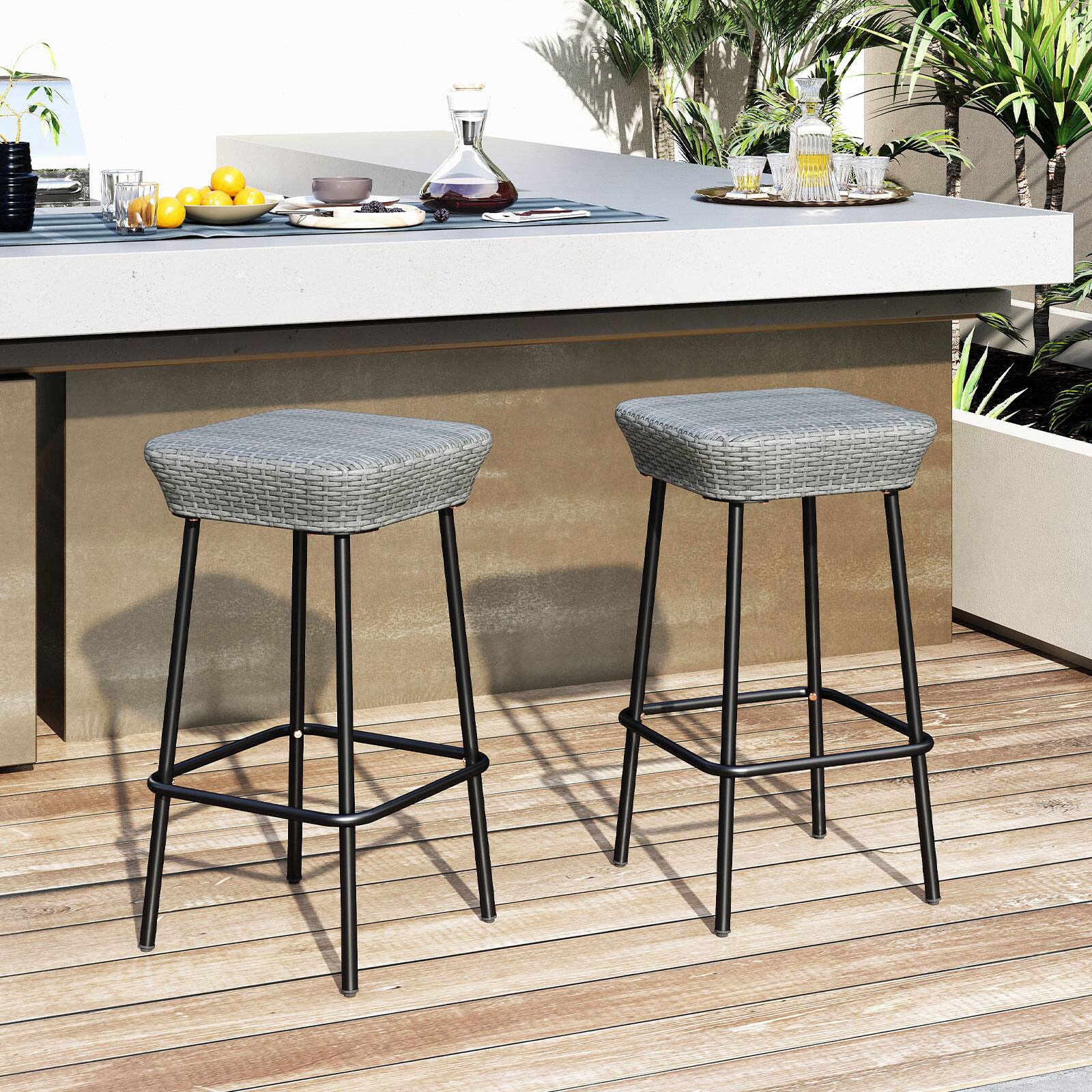 Alt View 5. Gymax - Gymax 29.5'' Metal Bar Height Stools Set of 4 w/ Rattan Seat & Footrest for Backyard - Mix Gray.
