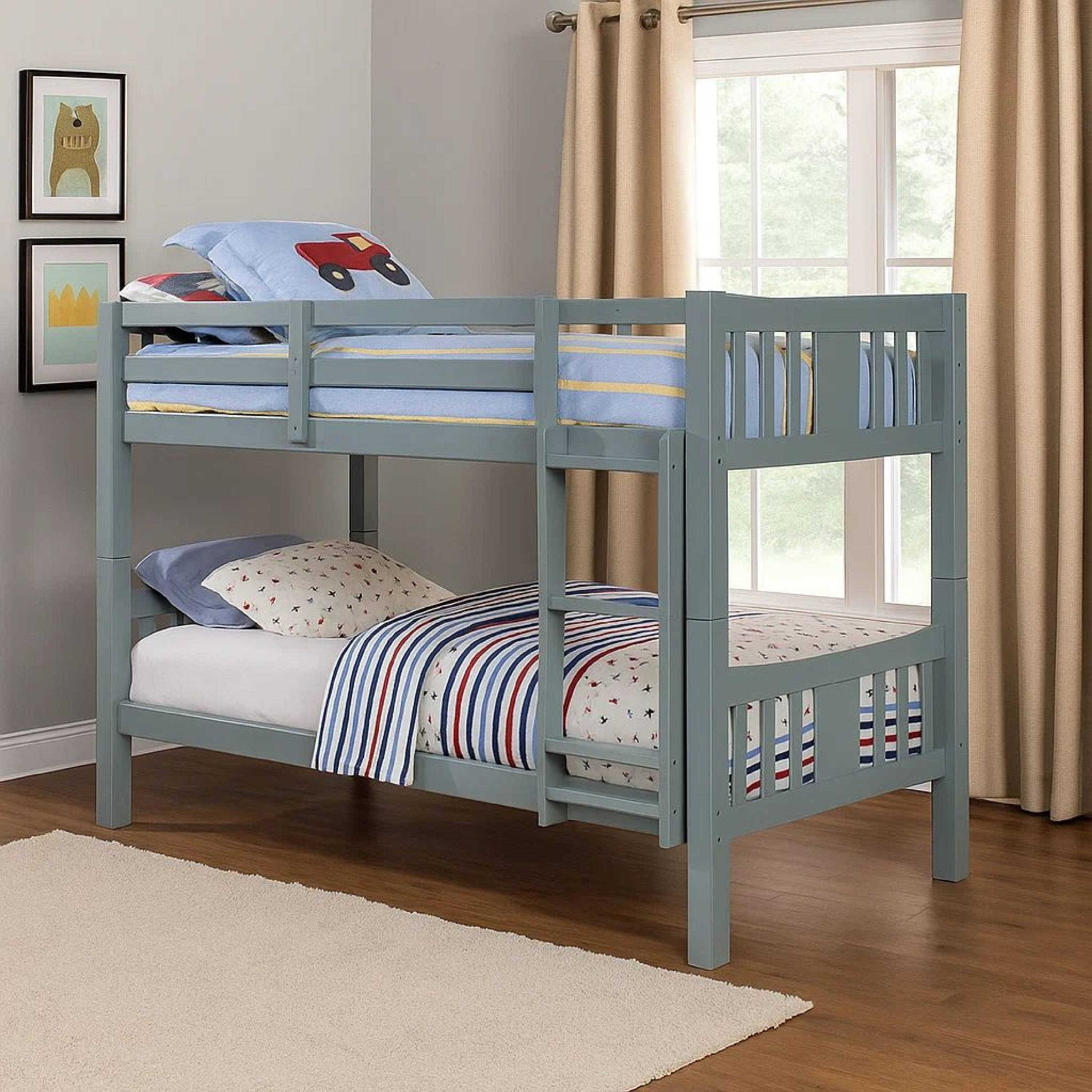 Alt View 6. Manhattan Lane - Slatted Twin Over Twin Bunk Bed with Attached Ladder, Gray - Gray.