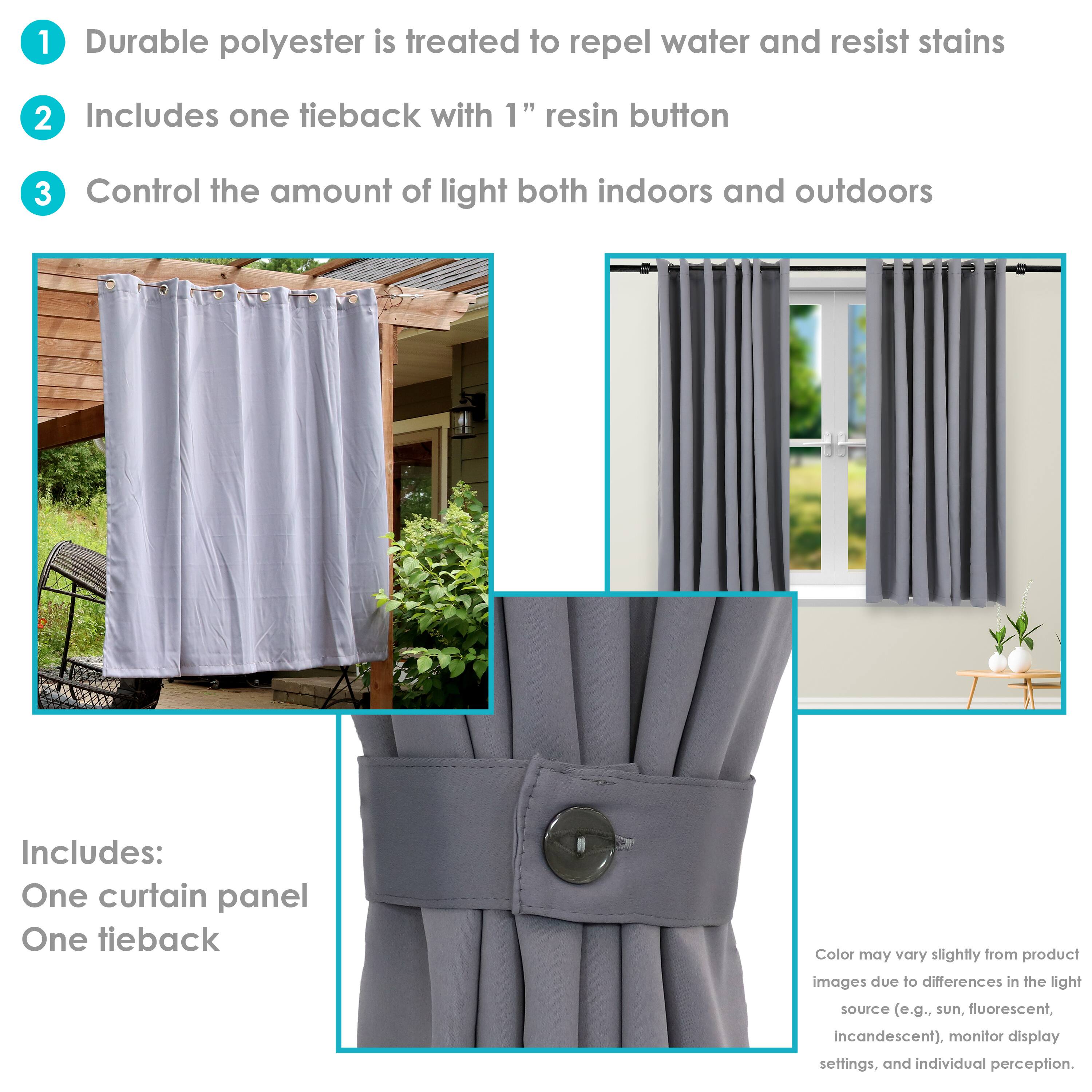 1. Durable polyester is treated to repel water and resist stains.
2. Includes one tieback with 1" resin button.
3. Control the amount of light both indoors and outdoors.

Includes:
- One curtain panel
- One tieback

Color may vary slightly from product images due to differences in the light source (e.g., sun, fluorescent, incandescent), monitor display settings, and individual perception.