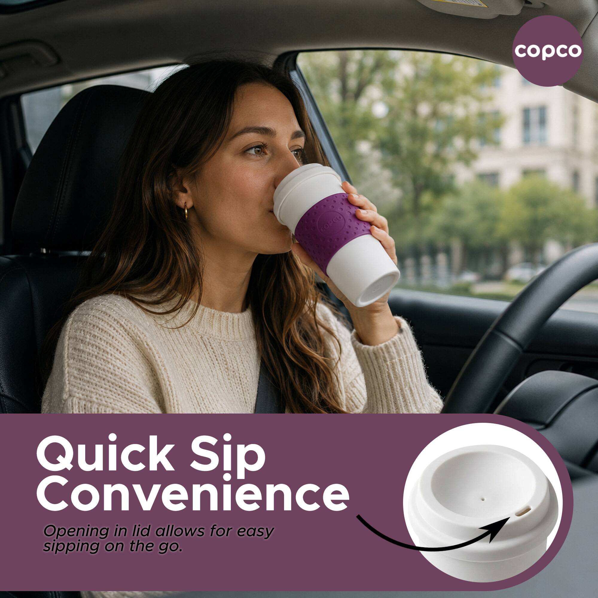 copco CORGO Quick Sip Convenience Opening in lid allows for easy sipping on the go.