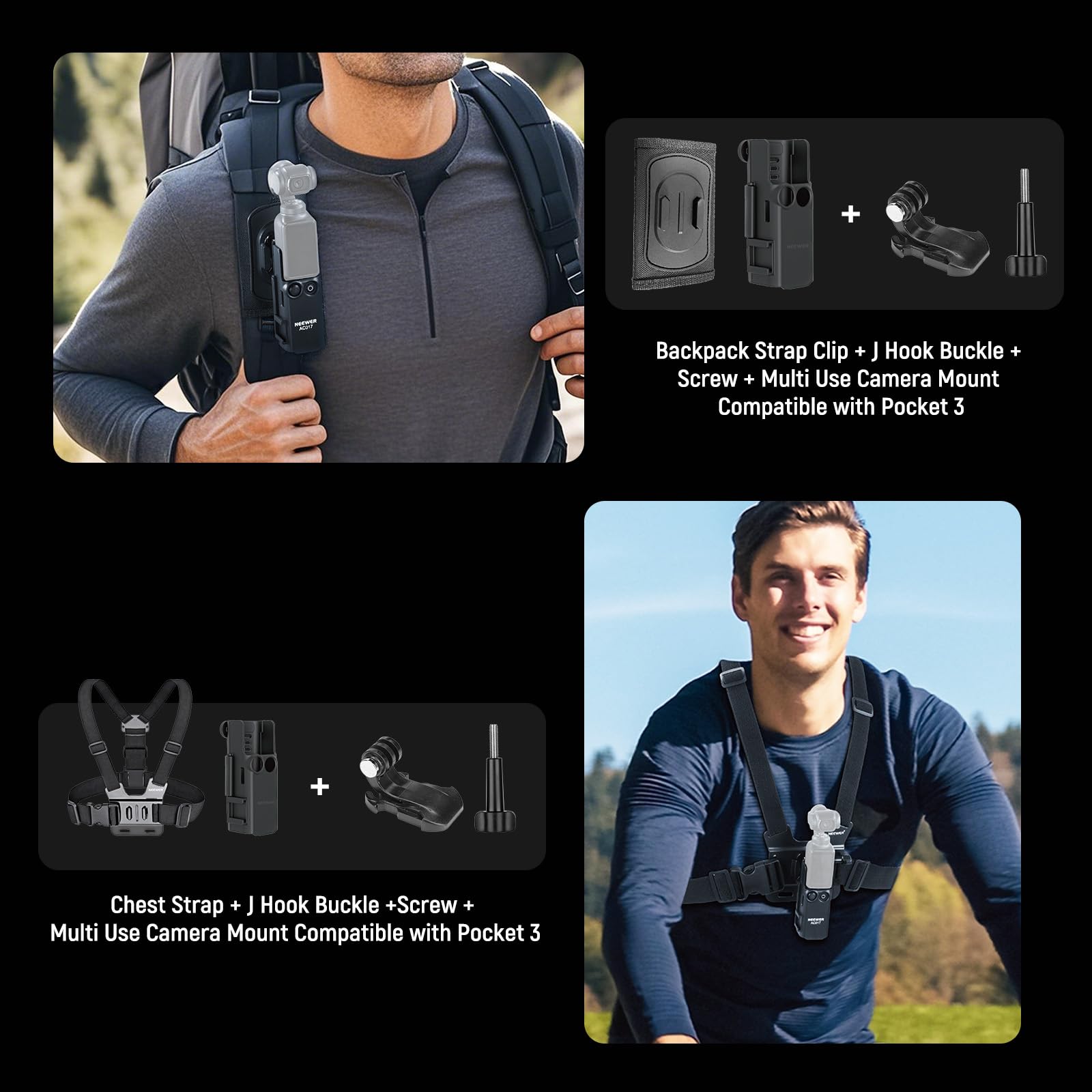 Backpack Strap Clip + J Hook Buckle + Screw + Multi Use Camera Mount Compatible with Pocket 3

Chest Strap + J Hook Buckle + Screw + Multi Use Camera Mount Compatible with Pocket 3