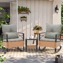 U-HOMY - 3-Piece Outdoor Rocking Chair Set with Cushions & Coffee Table, Metal Frame Patio Furniture with PE Rattan - Gray