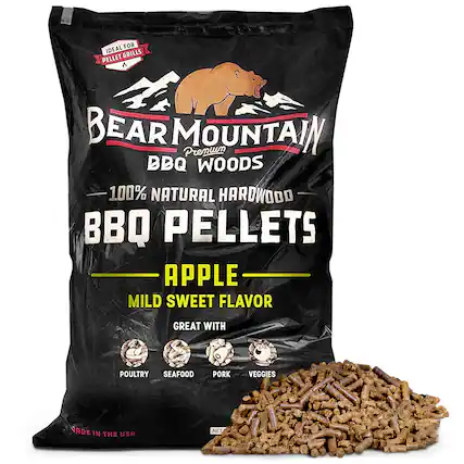 BEAR MOUNTAIN Premium BBQ WOODS 100% NATURAL HARDWOOD BBQ PELLETS APPLE MILD SWEET FLAVOR GREAT WITH POULTRY SEAFOOD PORK VEGGIES MADE IN THE USA