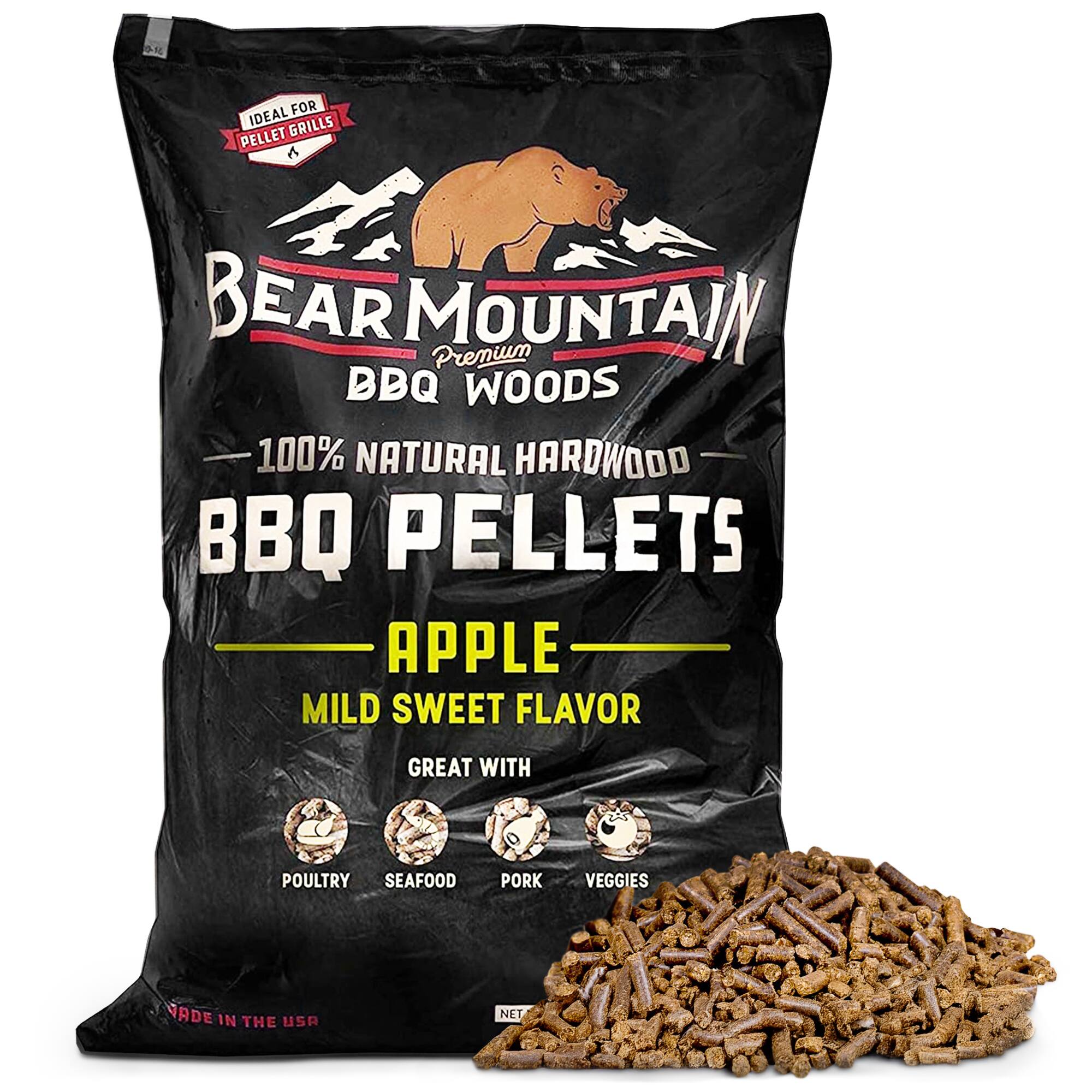 BEAR MOUNTAIN Premium BBQ WOODS 100% NATURAL HARDWOOD BBQ PELLETS APPLE MILD SWEET FLAVOR GREAT WITH POULTRY SEAFOOD PORK VEGGIES MADE IN THE USA